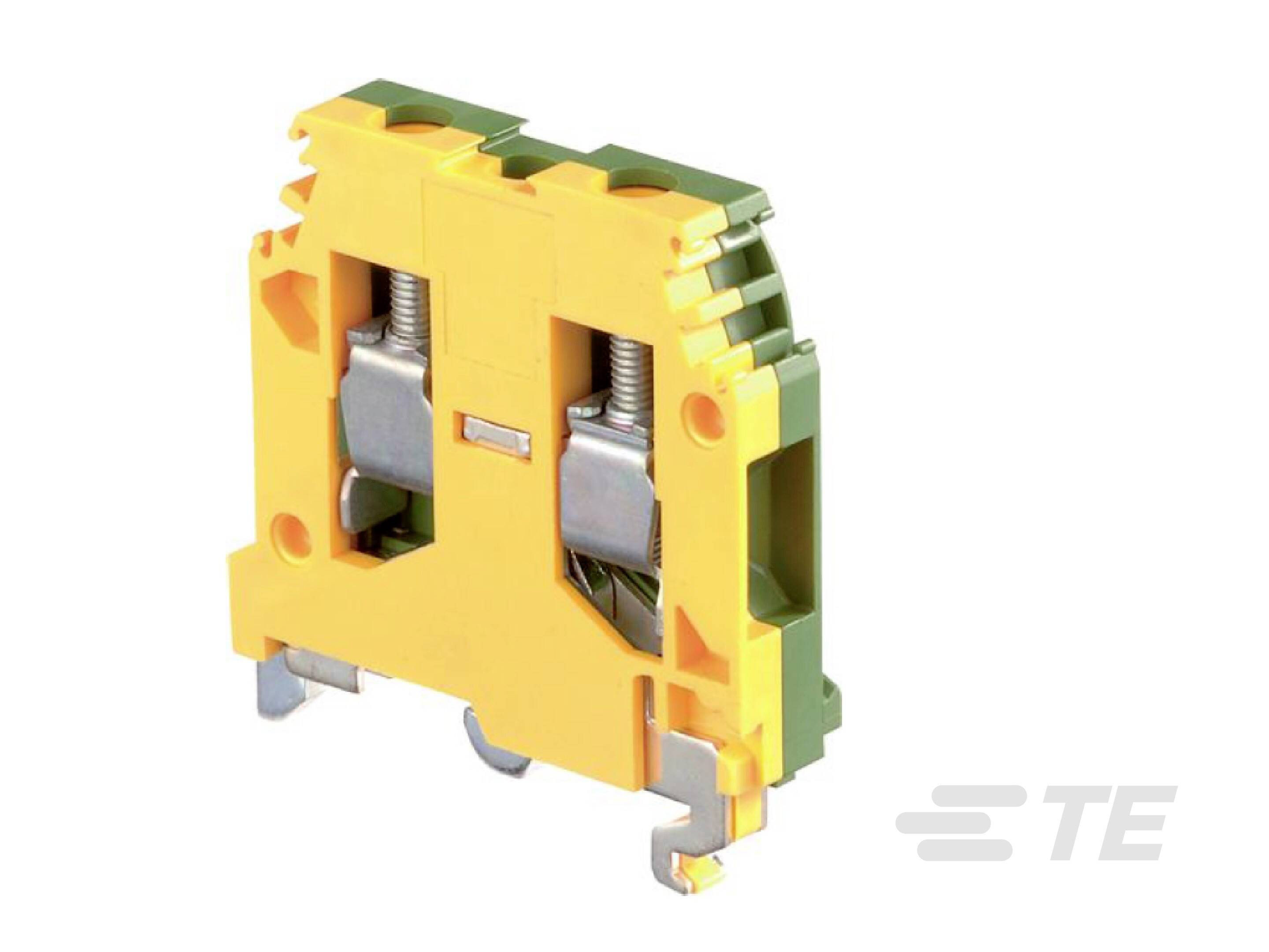 Gelb-grüner elektrischer Klemmblock mit metallischen Klemmen, verwendet zur sicheren Verbindung von Kabeln in elektrischen Schaltungen.