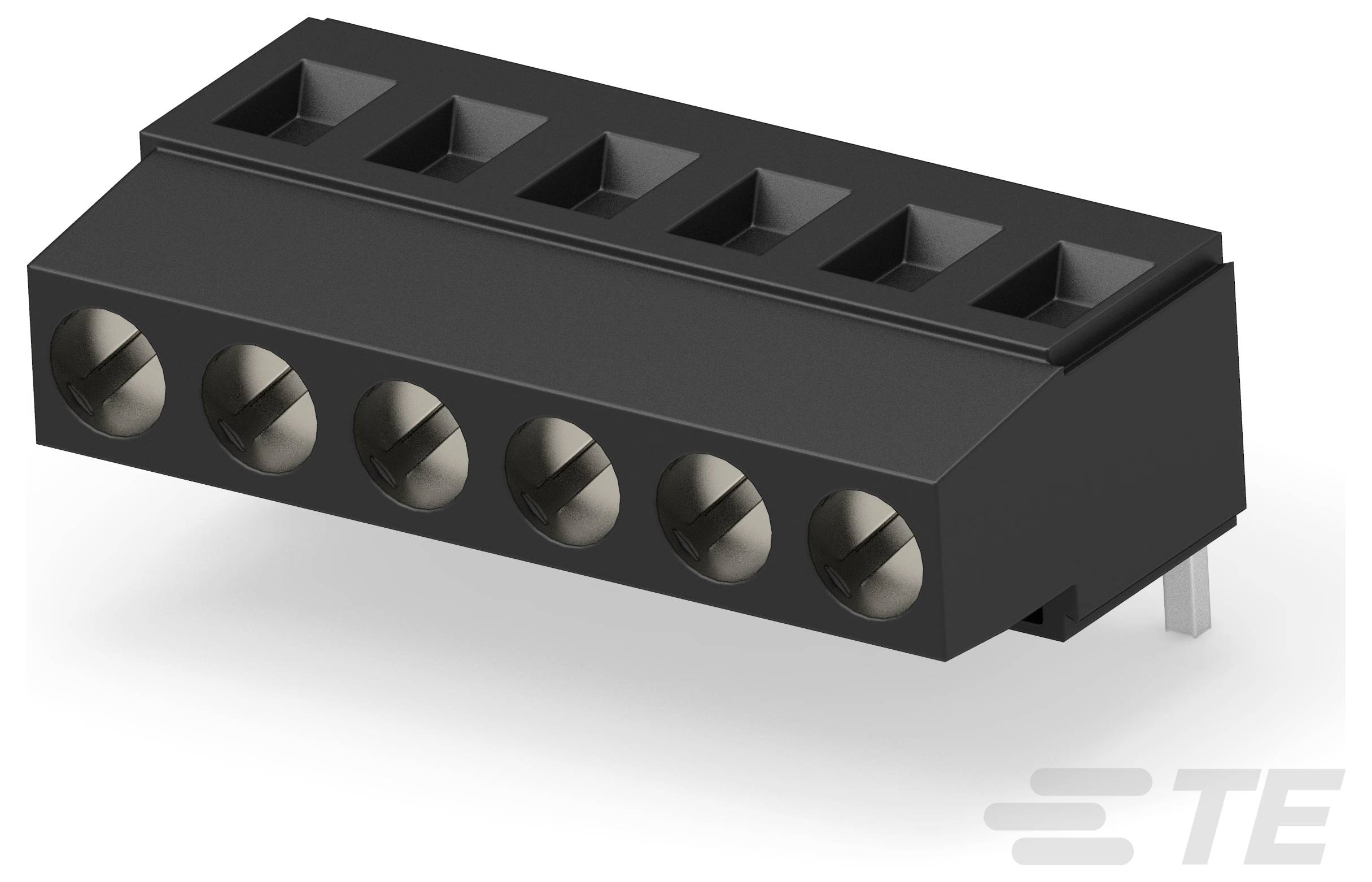 Ein schwarzer Elektrostecker mit sechs Anschlüssen für Verdrahtungsverbindungen, angewinkelt, um sowohl die vorderen Anschlüsse als auch die hinteren Befestigungen zu zeigen.