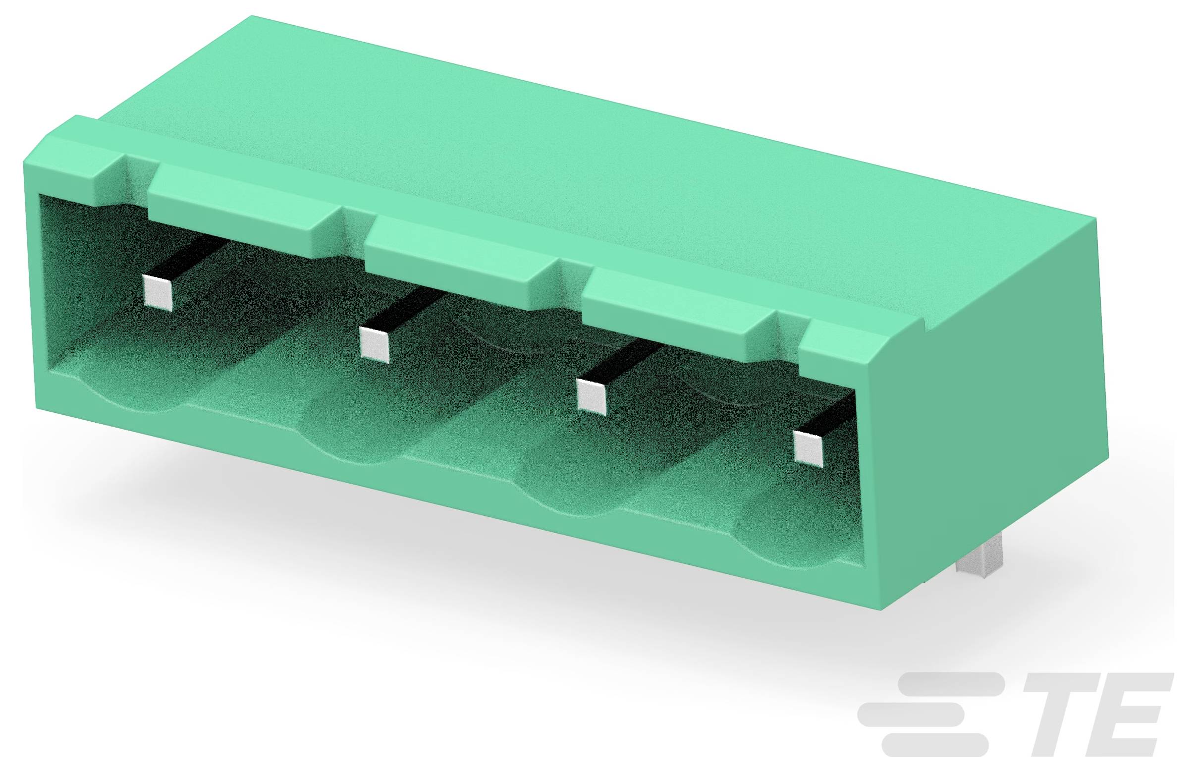Ein grüner rechteckiger Elektrostecker mit vier Schlitzen und sichtbaren Metallkontakten, auf dem das TE-Logo unten rechts zu sehen ist.
