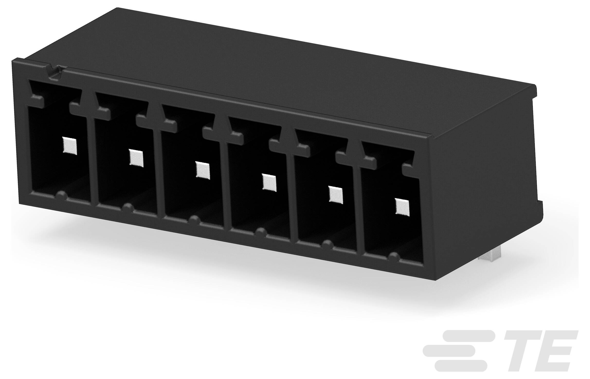 Ein schwarzer Elektrostecker mit sechs quadratischen Anschlüssen, entwickelt für die Verbindung elektronischer Komponenten.