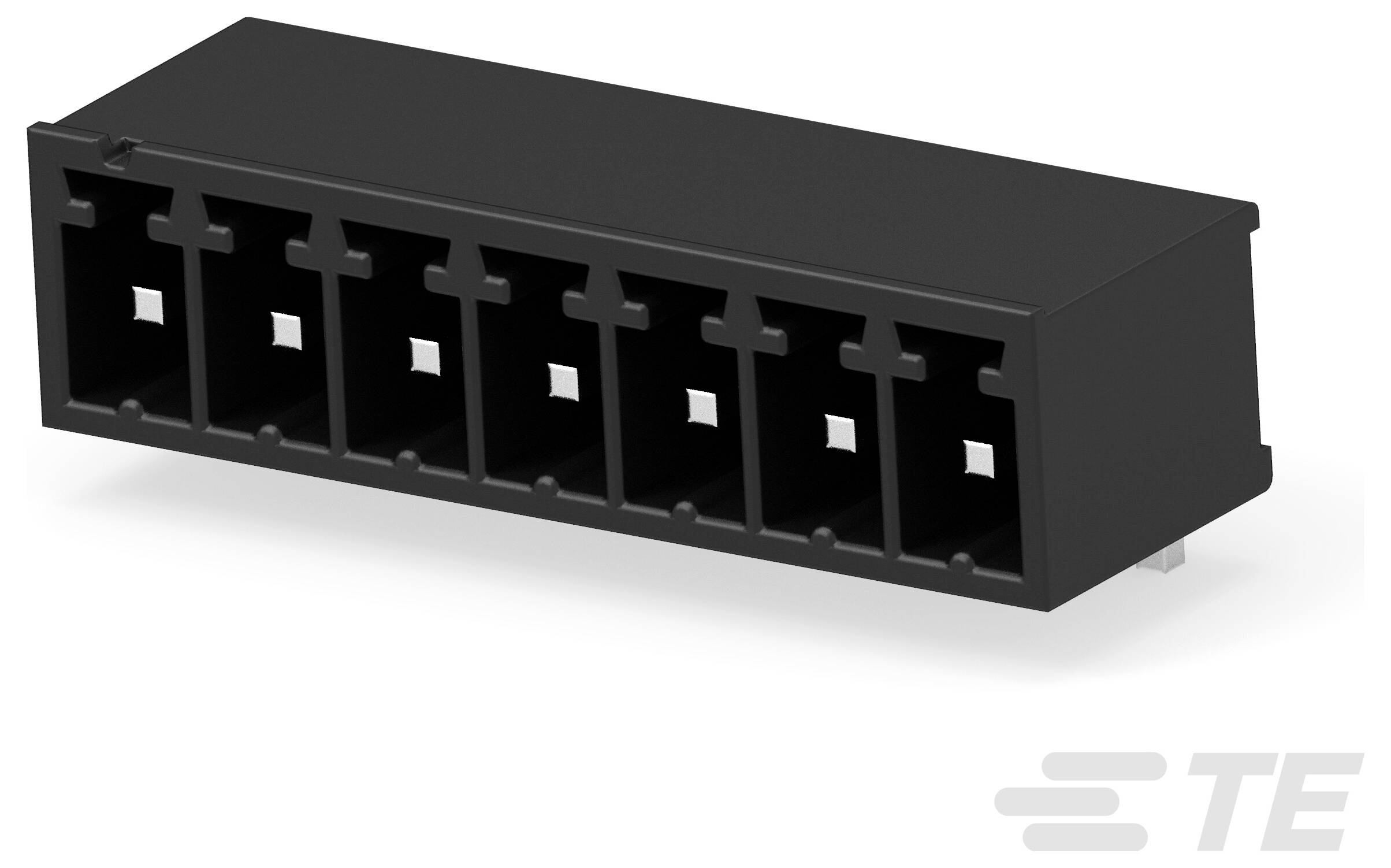 TE Connectivity 8-Port Modularer Stecker mit Durchlochbestückung, schwarz, Draufsicht und Seitenansicht.