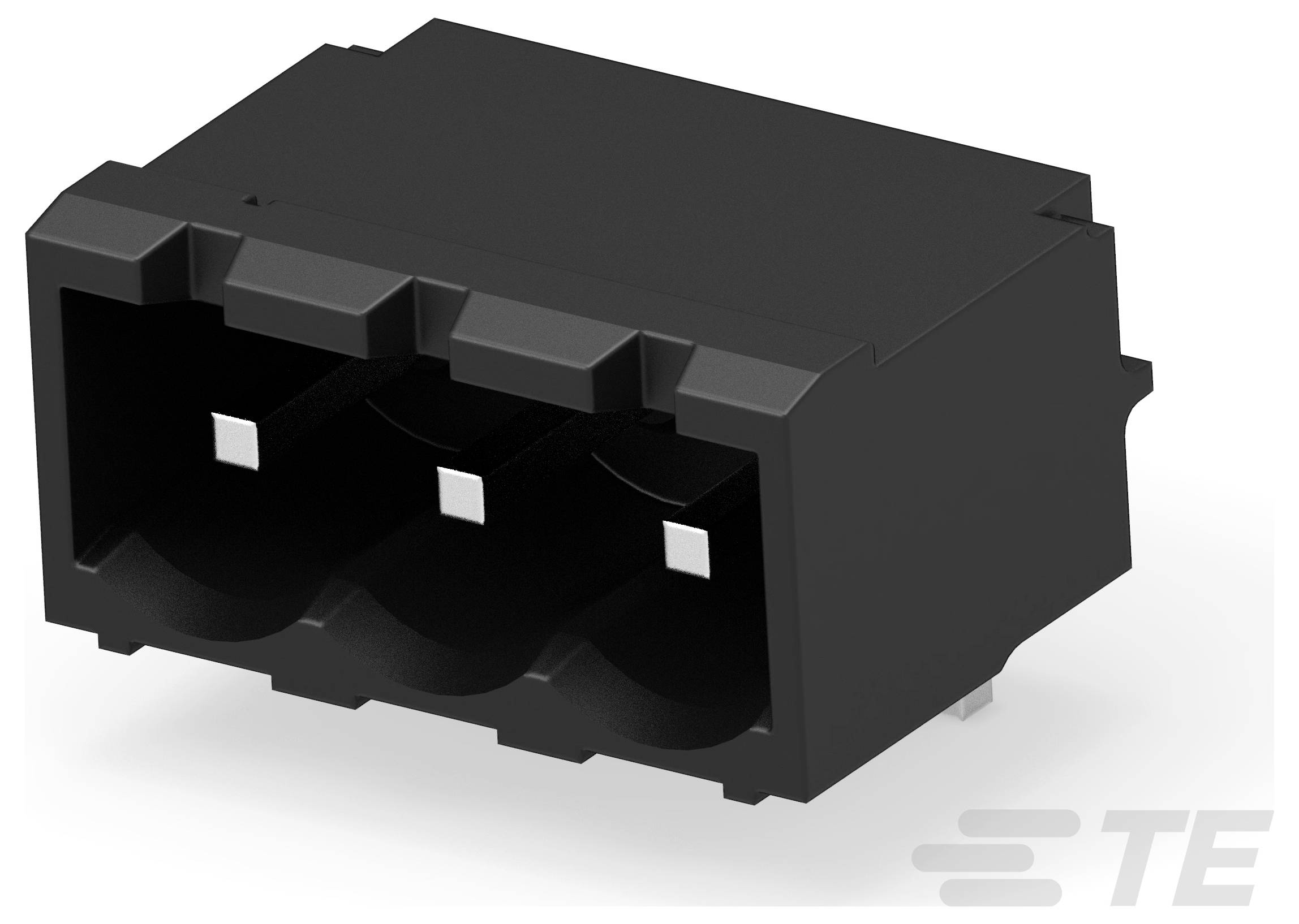 Eine Reihe von elektrischen Stiftverbindern, die üblicherweise auf Leiterplatten verwendet werden, mit schwarzer Basis und silbernen Stiften, teilweise mit TE gekennzeichnet.