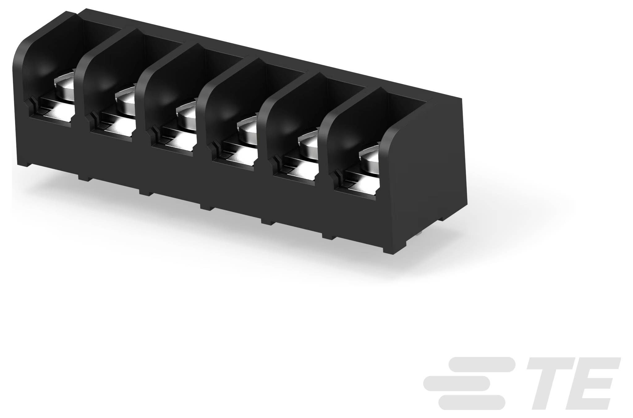 Eine schwarze rechteckige elektronische Komponente mit Metallkontakten, wahrscheinlich ein Relais, wird gezeigt. Das Bild enthält das TE-Logo unten rechts.