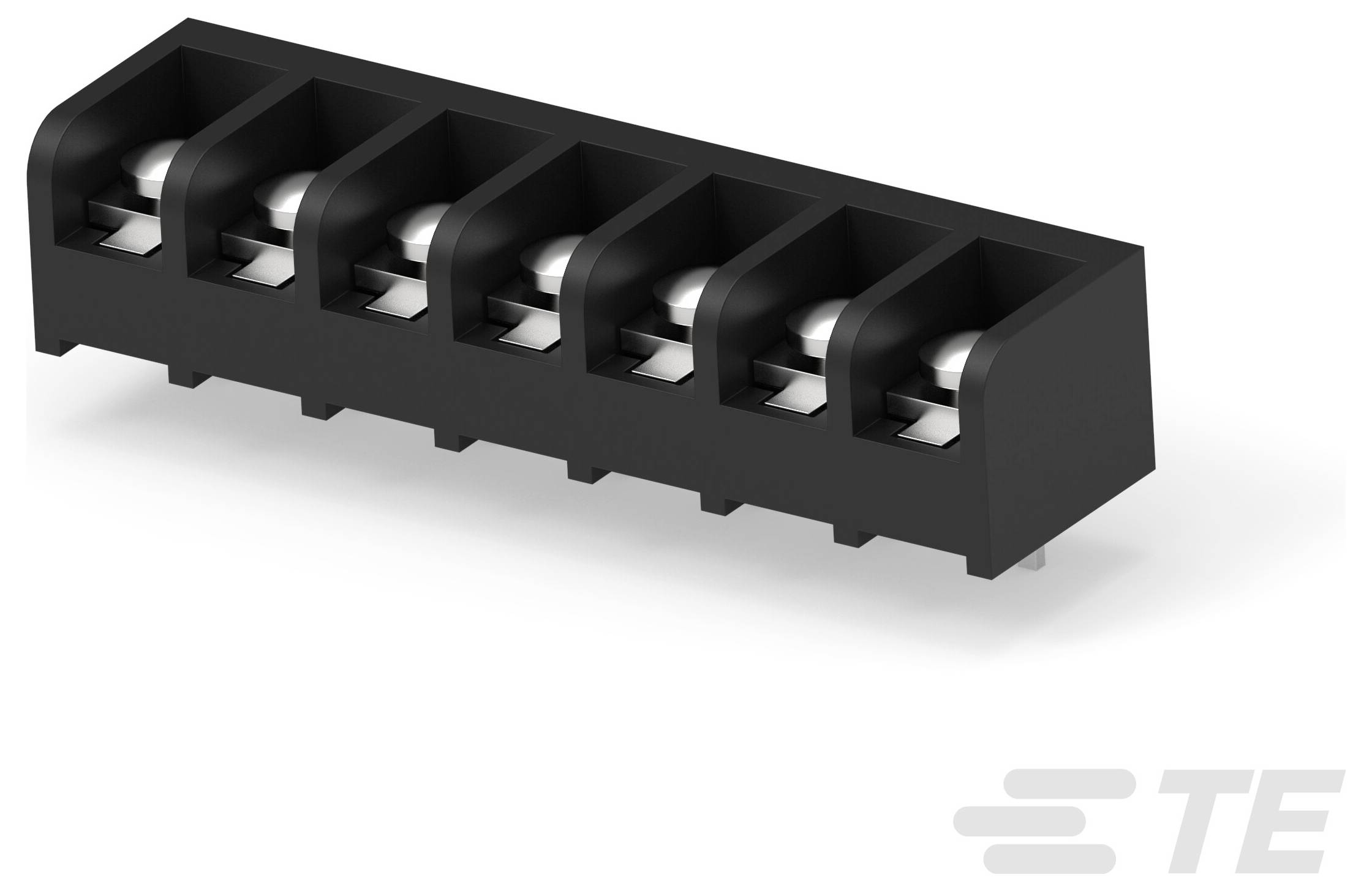 TE Connectivity Klemmleiste, schwarz, 6 Positionen, Seitenansicht mit Metallkonnektoren für elektrische Verbindungen.