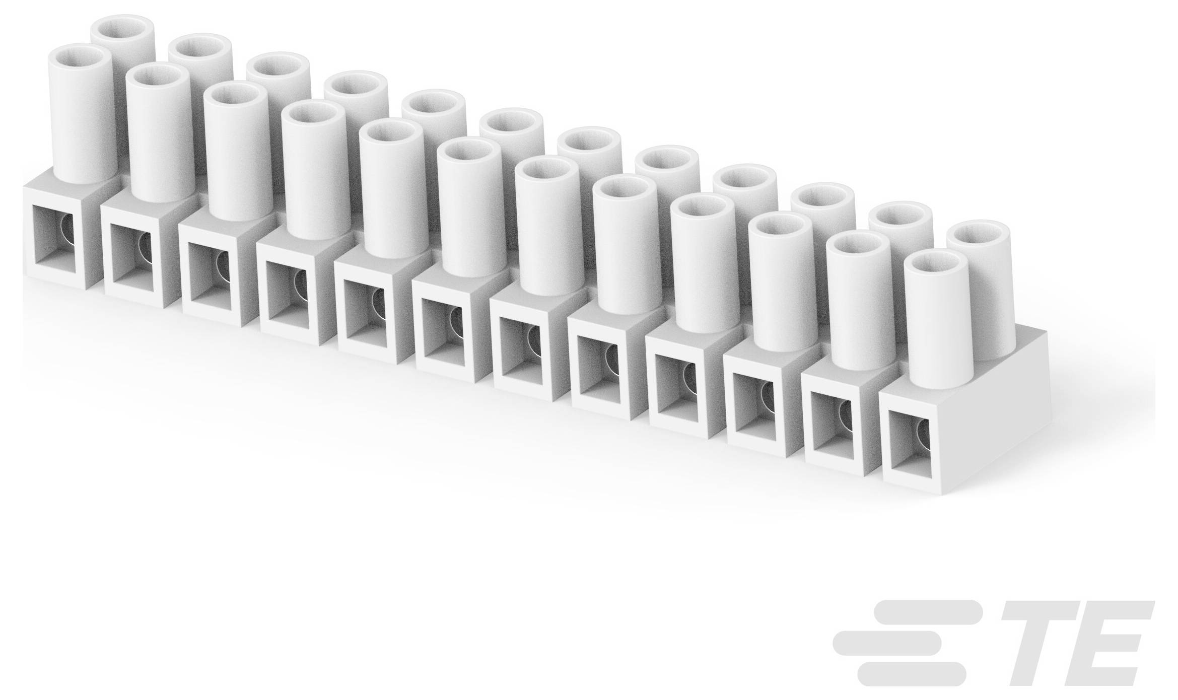Ein schwarzer, zylindrischer Kunststoffstecker mit gerippten Seiten, der in Elektroinstallationen verwendet wird, unten rechts mit TE-Logo dargestellt.