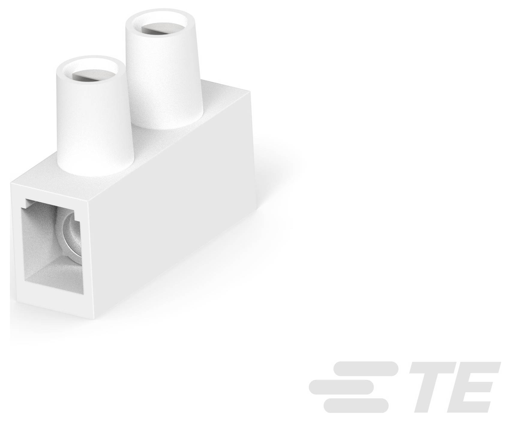 Ein weißer elektrischer Klemmblock mit zwei Anschlüssen, mit dem TE-Logo in der unteren rechten Ecke.