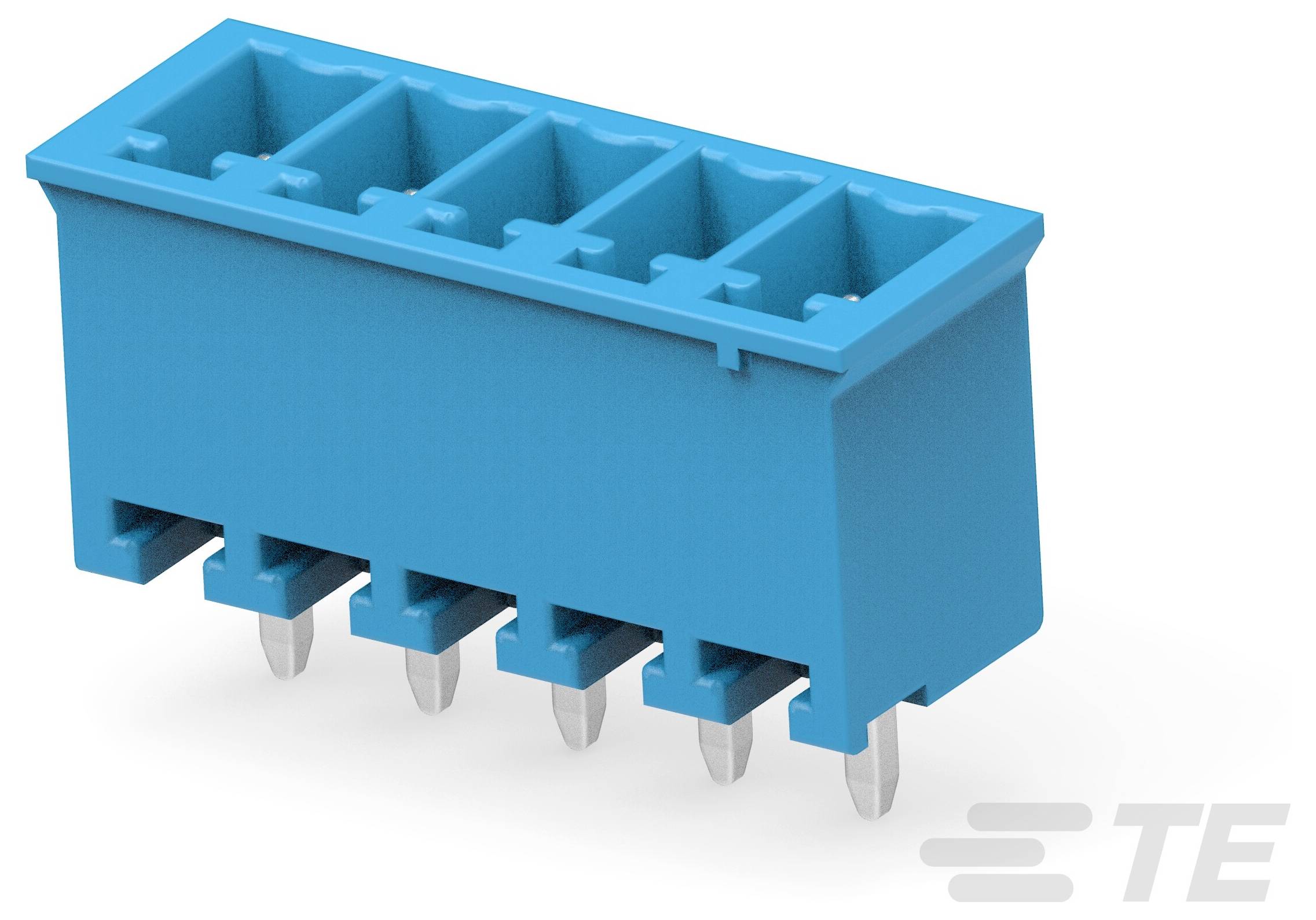 Ein blauer Klemmenblock mit fünf Anschlussplätzen, entwickelt für sichere elektrische Verbindungen. Die Basis verfügt über fünf Metallstifte.