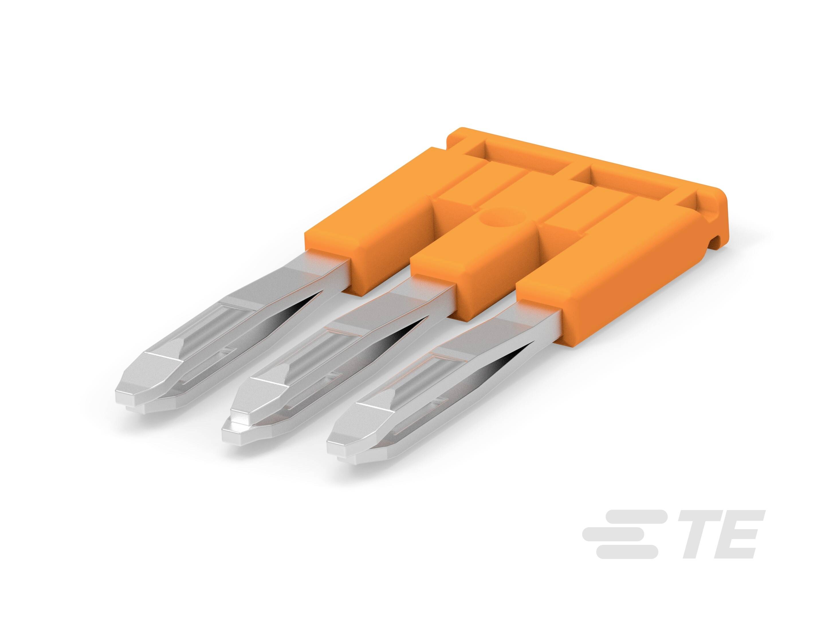 Stecker mit drei flachen Kontaktstiften, orangefarbenes Gehäuse, auf einer weißen Oberfläche liegend, Herstellerlogo 'TE' sichtbar.