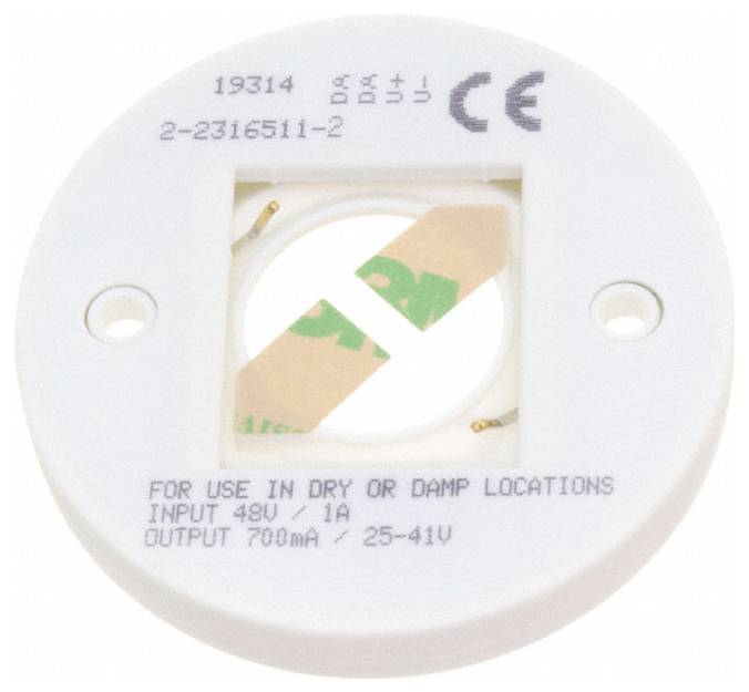 Rundes elektrisches Bauteil mit der Beschriftung „Zur Verwendung in trockenen oder feuchten Räumen. Eingabe 48V / 1A. Ausgabe 700mA / 25-41V