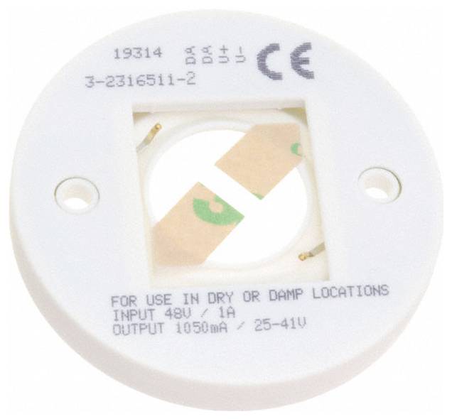 Ein runder weißer LED-Treiber mit Montagelöchern, mit der Aufschrift 