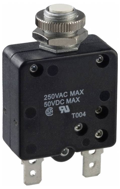 Ein schwarzer Leitungsschutzschalter mit der Aufschrift 250VAC MAX 50VDC MAX, mit vier Metallanschlüssen und einem silbernen Metall-Resetknopf oben.