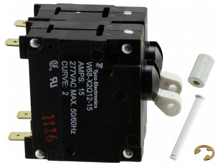 Leistungsschalter mit Etikett „Top Electronics, W68-X2Q12-15, 15 AMPS, 277VAC MAX, 50/60HZ, CURVE: 2