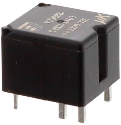 Schwarze elektronische Relaisbox mit vier Metallstiften auf der Unterseite, die in elektrischen Schaltkreisen für Schaltanwendungen verwendet wird.