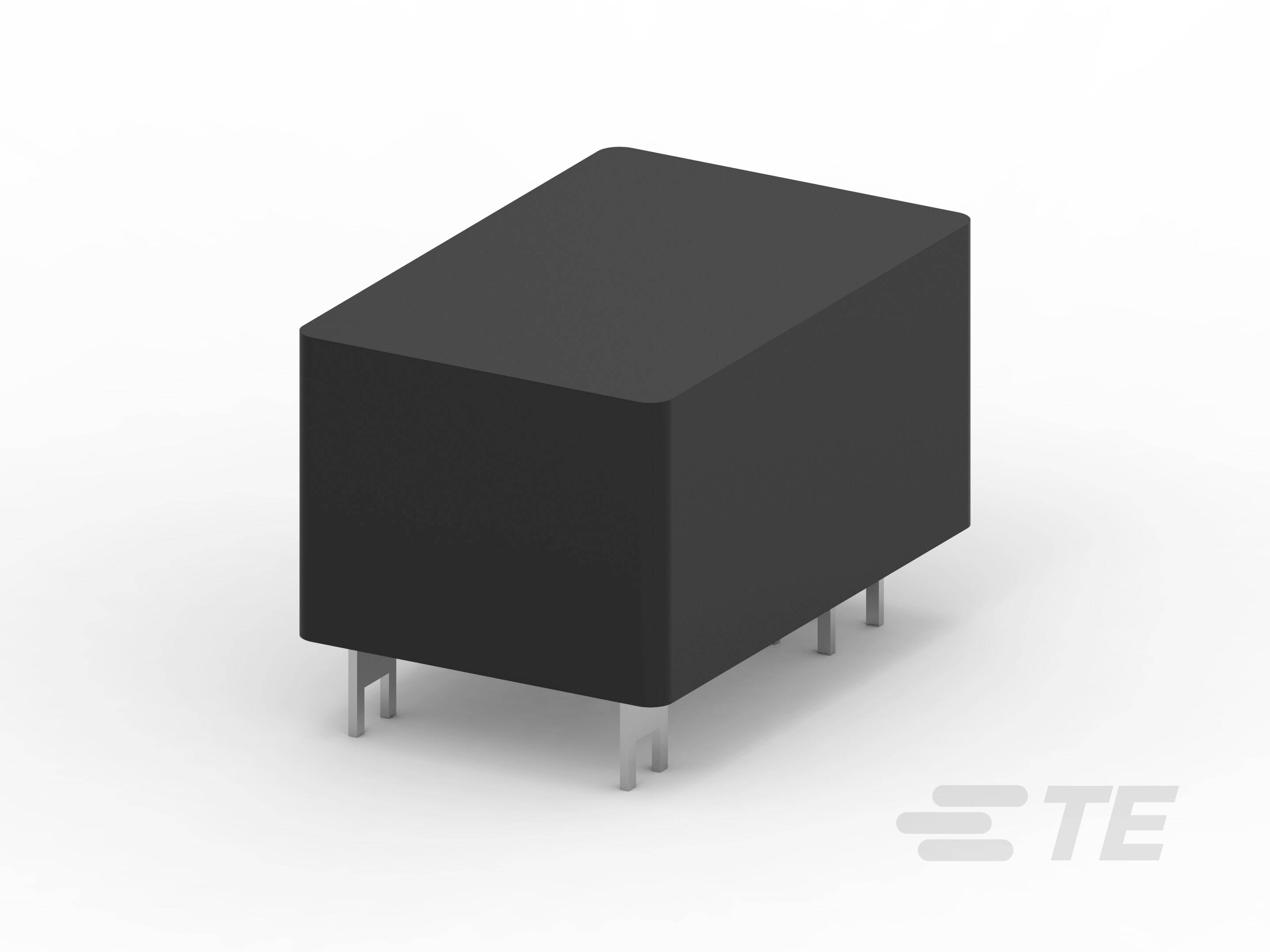 Ein rechteckiges Elektronikbauteil mit fünf Pins an der Unterseite, abgebildet auf grauem Hintergrund. Mattschwarzes Gehäuse.