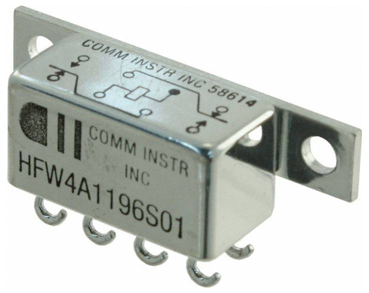 Eine Metallelektronikkomponente mit der Bezeichnung COMM INSTR INC HFW4A1196S01 mit fünf Anschlüssen an der Unterseite und Befestigungsklammen an den Seiten.