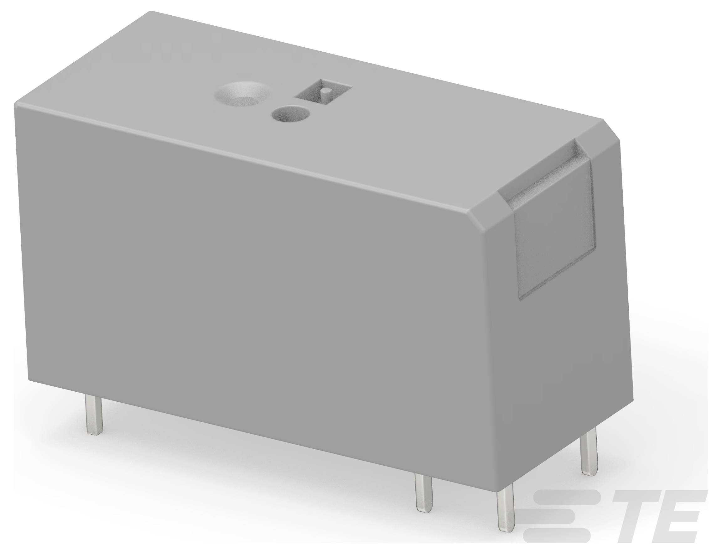Ein grauer rechteckiger elektronisches Relais mit vier Metallstiften am unteren Ende, entworfen für Anwendungen in Stromkreisen.