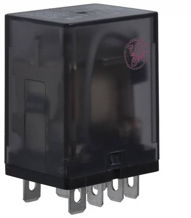 Ein schwarzes Relais mit vier Metallkontakten für elektrische Verbindungen, in einem transparenten Gehäuse untergebracht, das die inneren Komponenten zeigt.