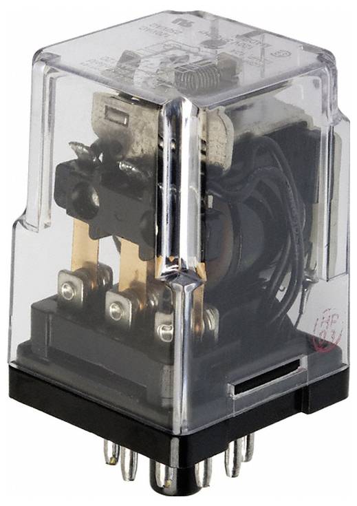 Eine Nahaufnahme eines transparenten elektrischen Relais mit Metallverbindern und einer schwarzen Basis, die interne Spule und Kontaktkomponenten zeigt.