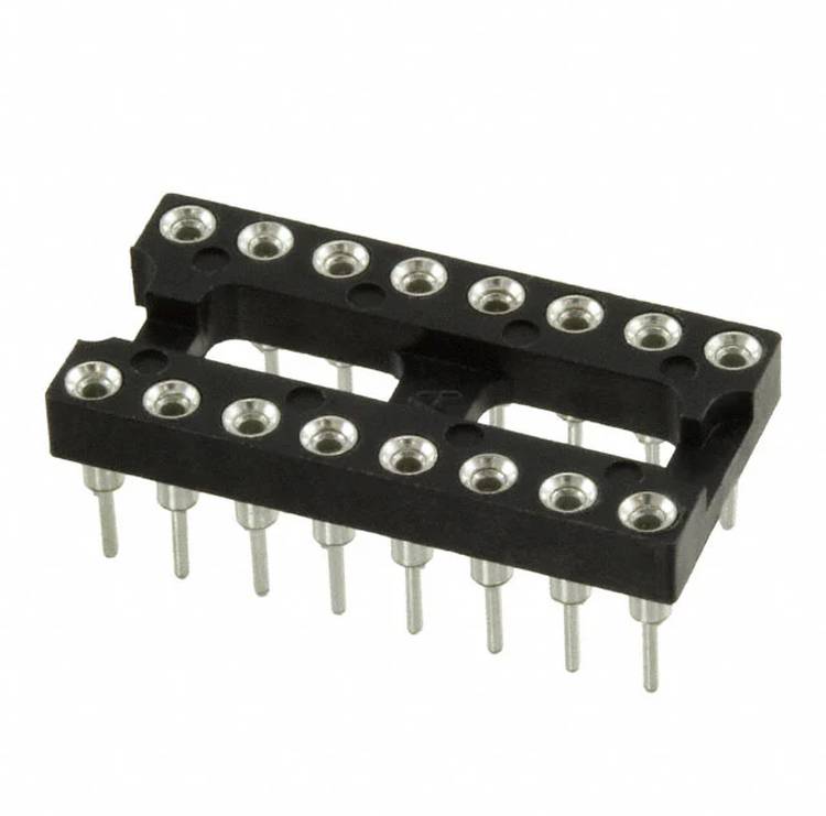 Ein 16-poliger DIP-Sockel (Dual-In-Line-Package) mit Metallkontakten und schwarzem Kunststoffgehäuse, verwendet zum Montieren von integrierten Schaltkreisen.