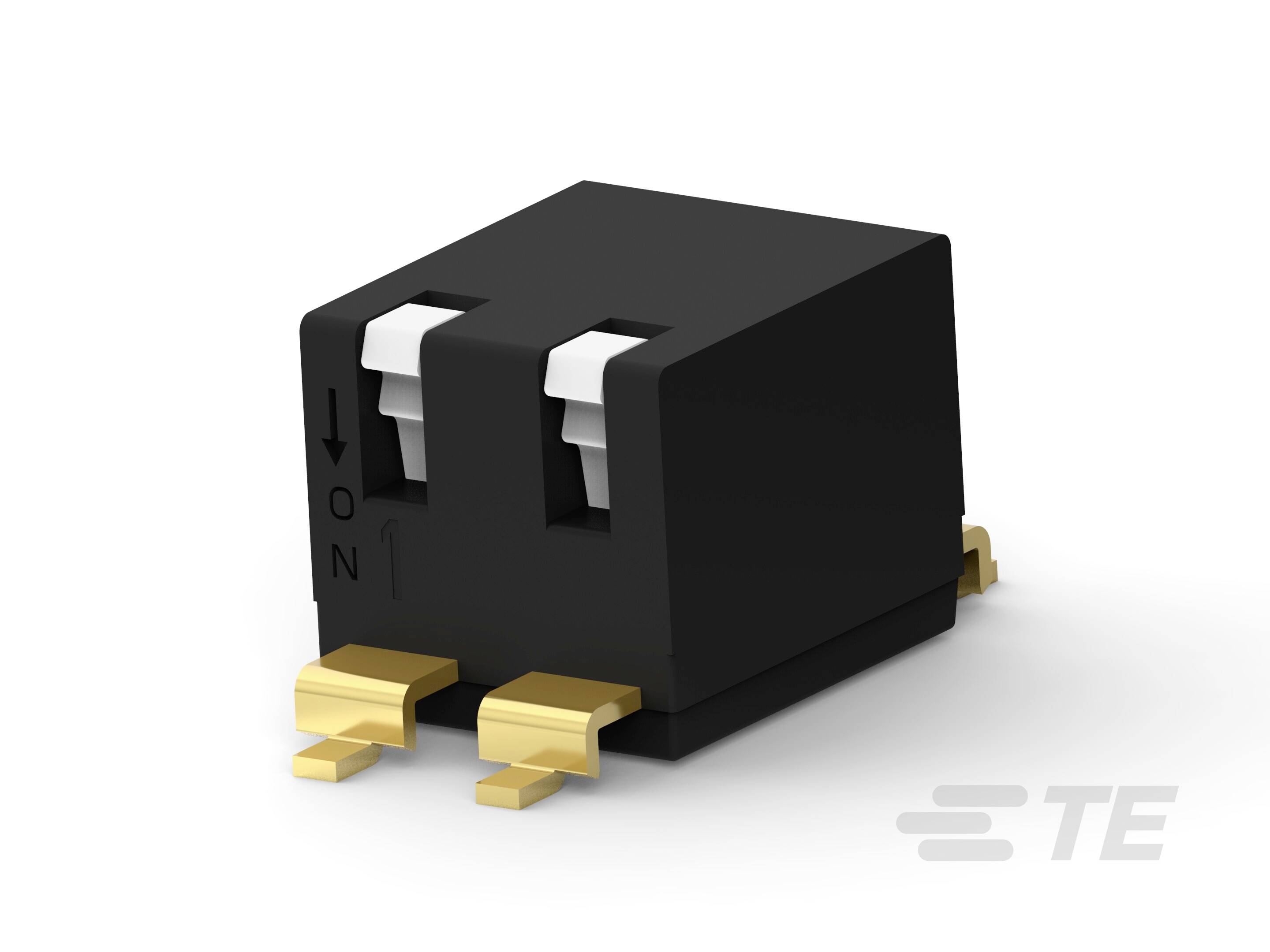 Ein schwarzer elektrischer Schalter mit weißen Tasten und goldfarbenen Anschlüssen, gezeigt in einer schrägen Ansicht.