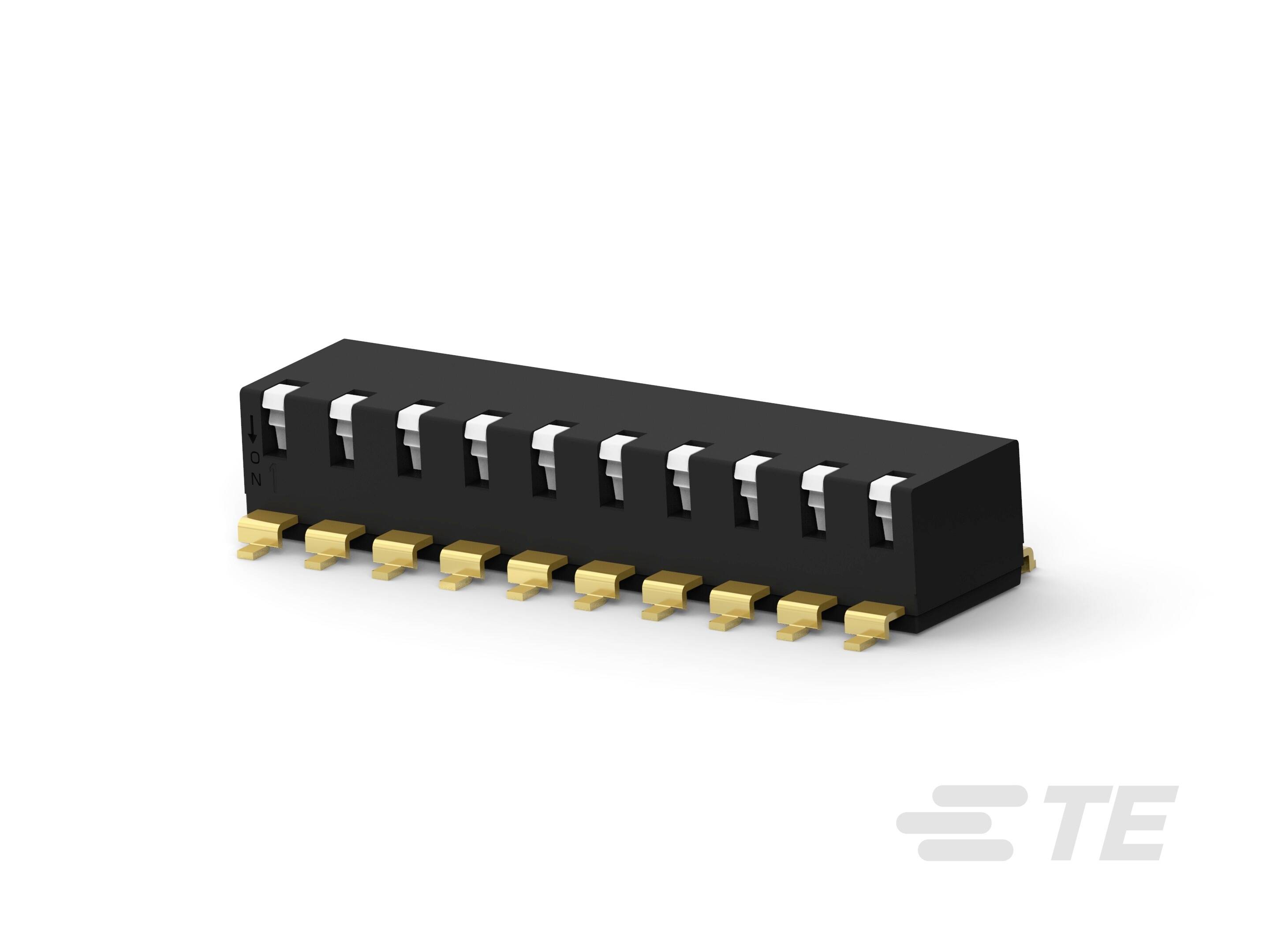 DIP-Schalter mit acht Positionen, schwarzes Gehäuse und goldene Kontakte, zur Konfiguration von elektrischen Schaltkreisen.