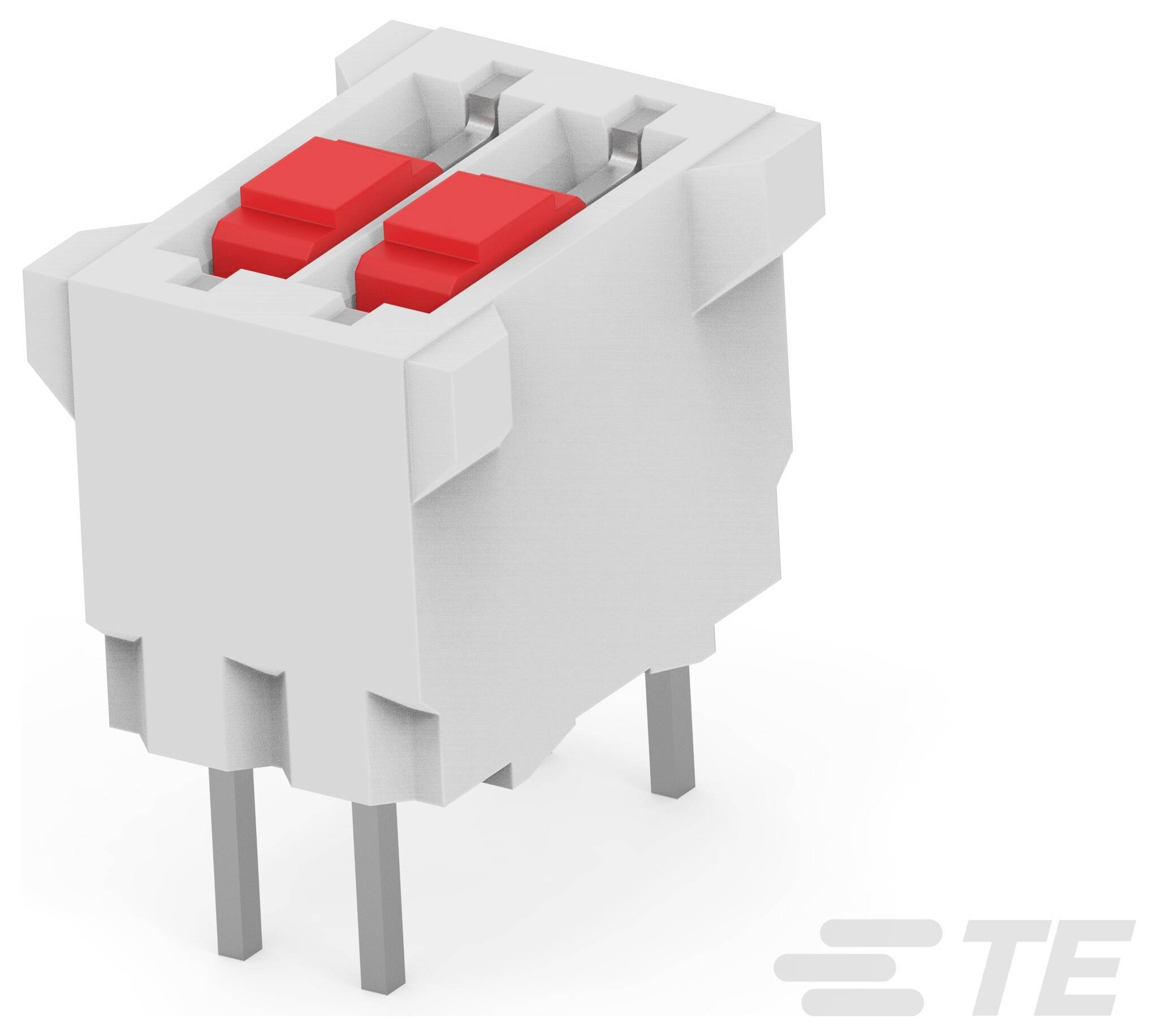 Ein weiß-rotes elektronisches Bauteil mit zwei roten Tasten oben und vier Metallstiften unten.