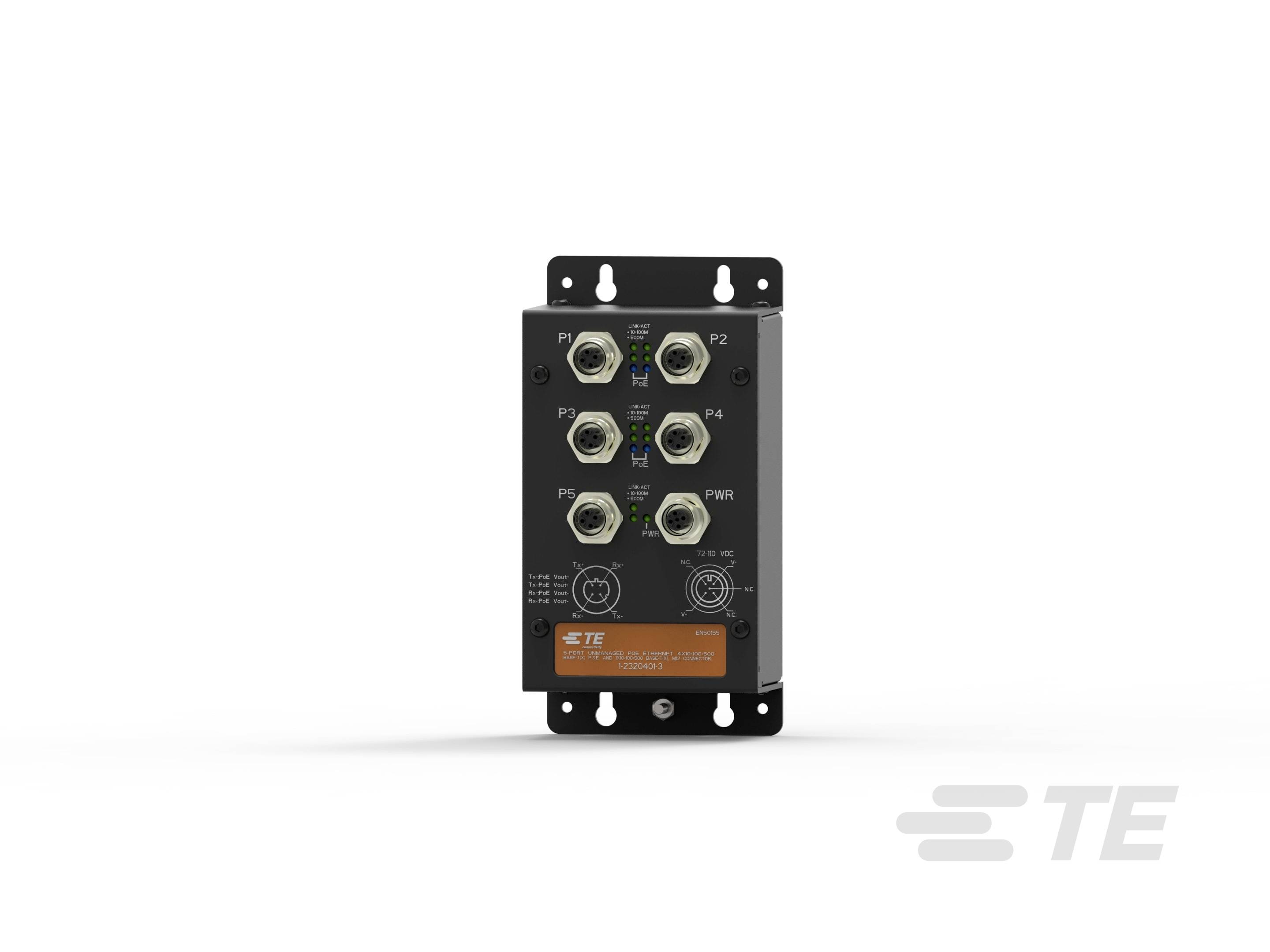 Ein schwarzes elektrisches Gerät mit zwei Reihen von drei Anschlüssen und einer orangefarbenen Beschriftung im unteren Bereich.