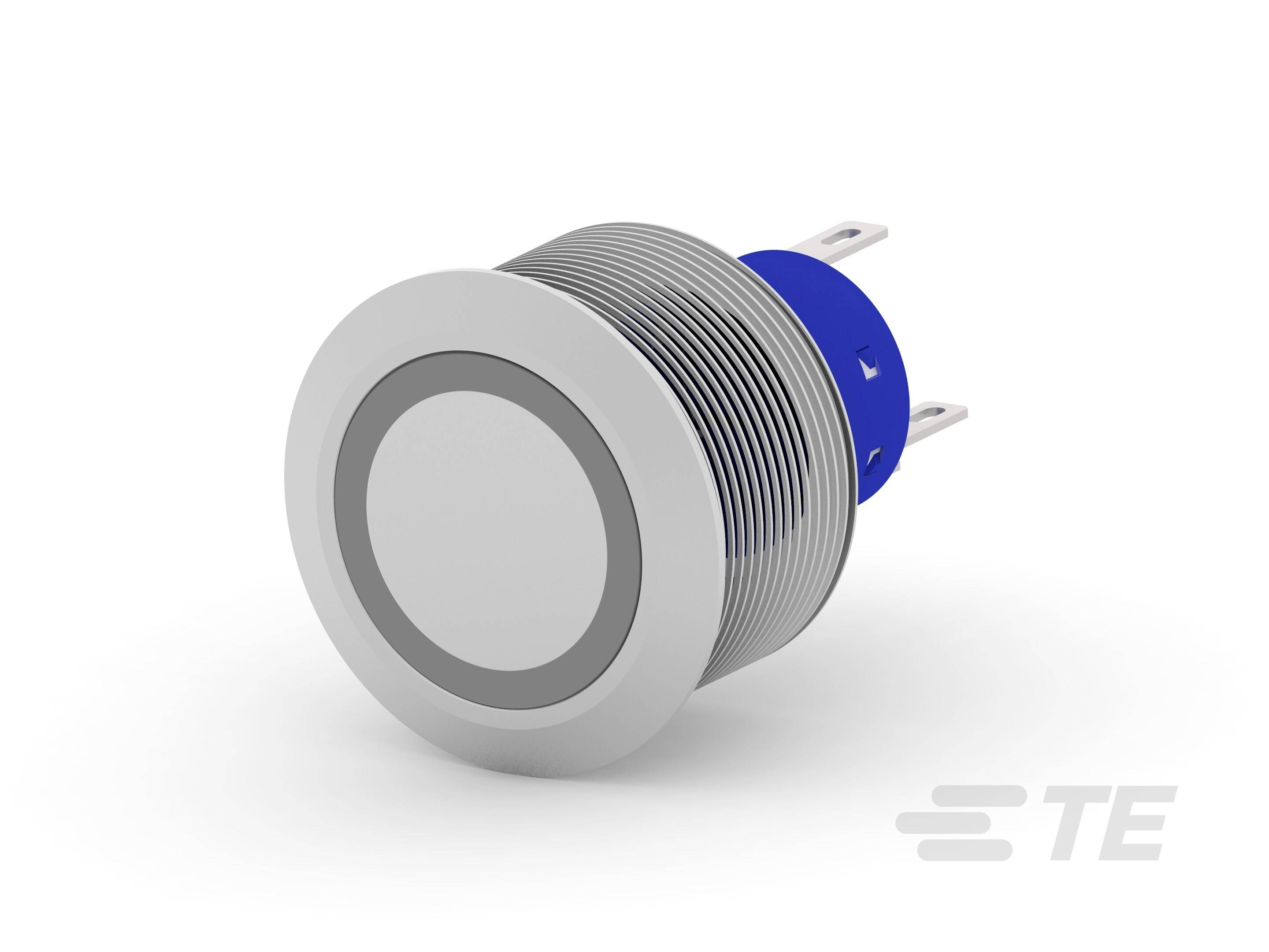 Runder, metallischer Druckknopf mit blauem Gehäuse und zwei Anschlussstiften, geeignet für elektronische Anwendungen.