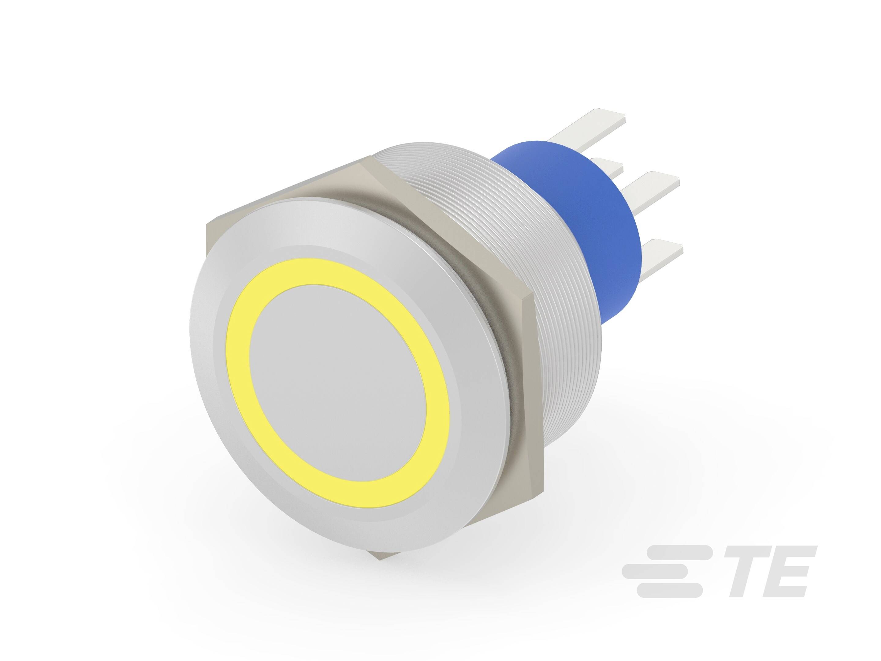 Ein runder Metall-Druckschalter mit gelbem Ring, seitlicher Steckanschluss und blauem Sockel. Herstellerlogo in der Ecke.