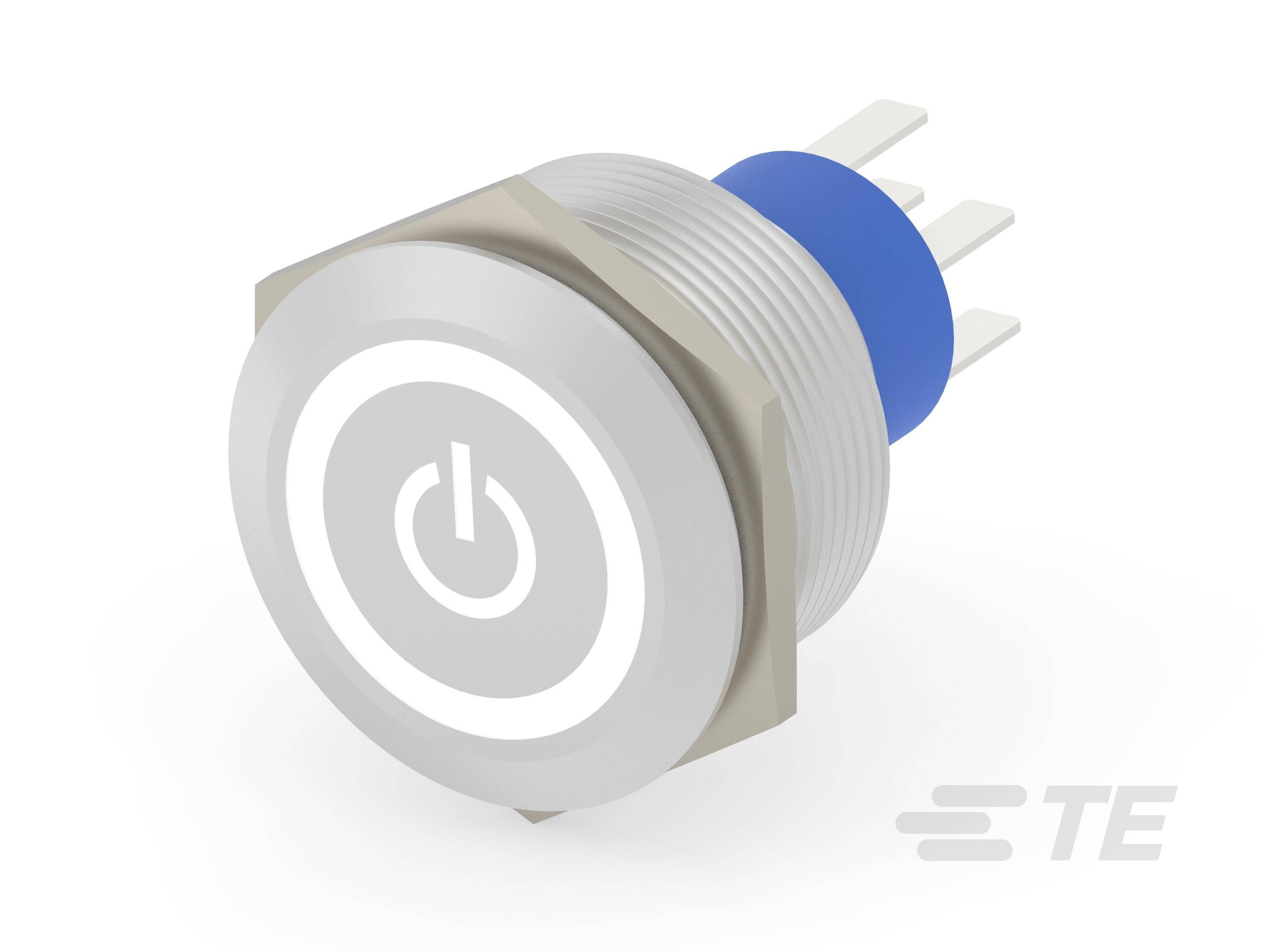 Ein runder Metall-Druckschalter mit einem weißen Einschaltsymbol; geeignet für elektronische Geräte.