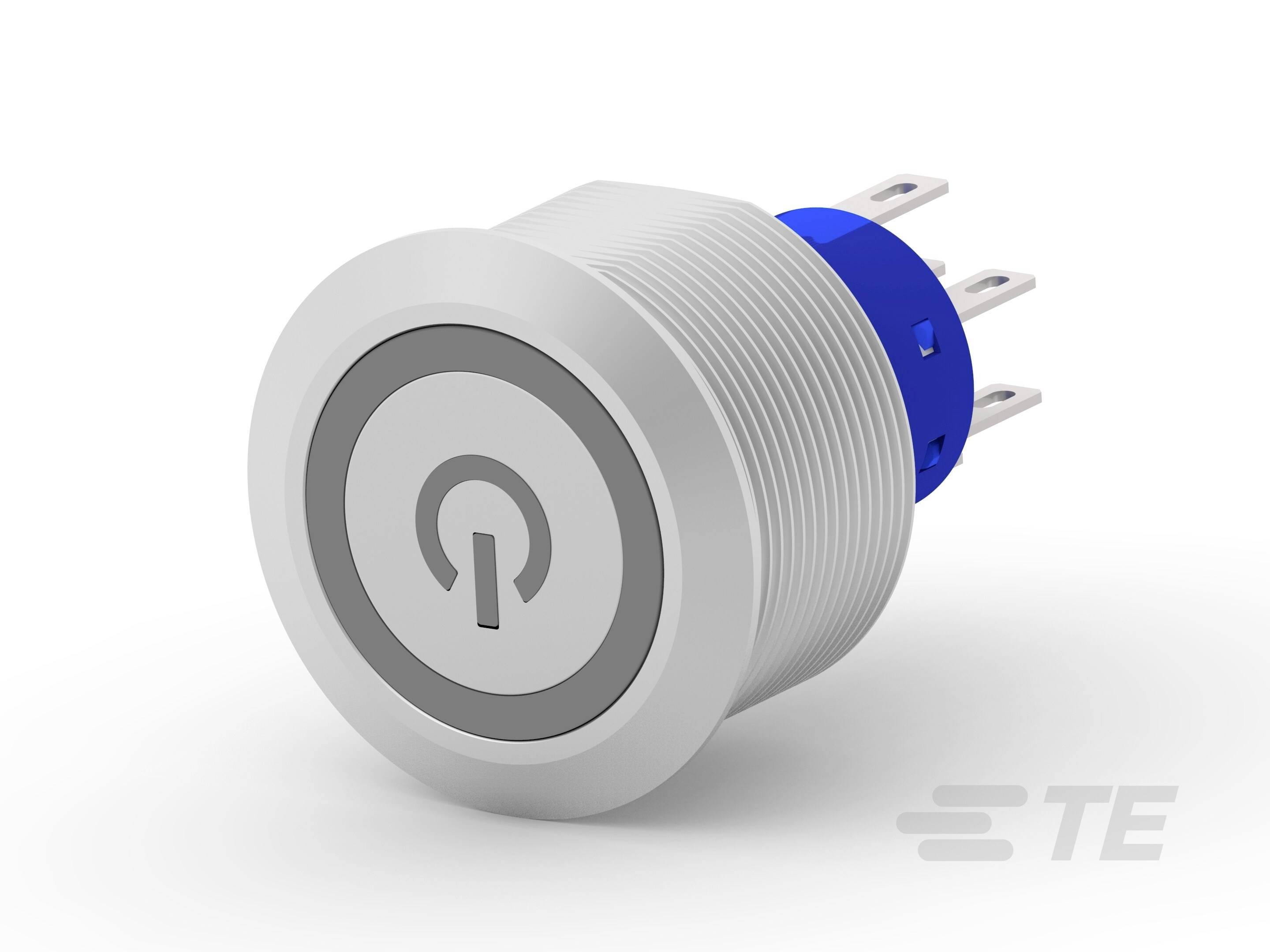Runder silberner Druckschalter mit Ein-/Aus-Symbol und blauer Befestigung. Geeignet für elektronische Geräte.