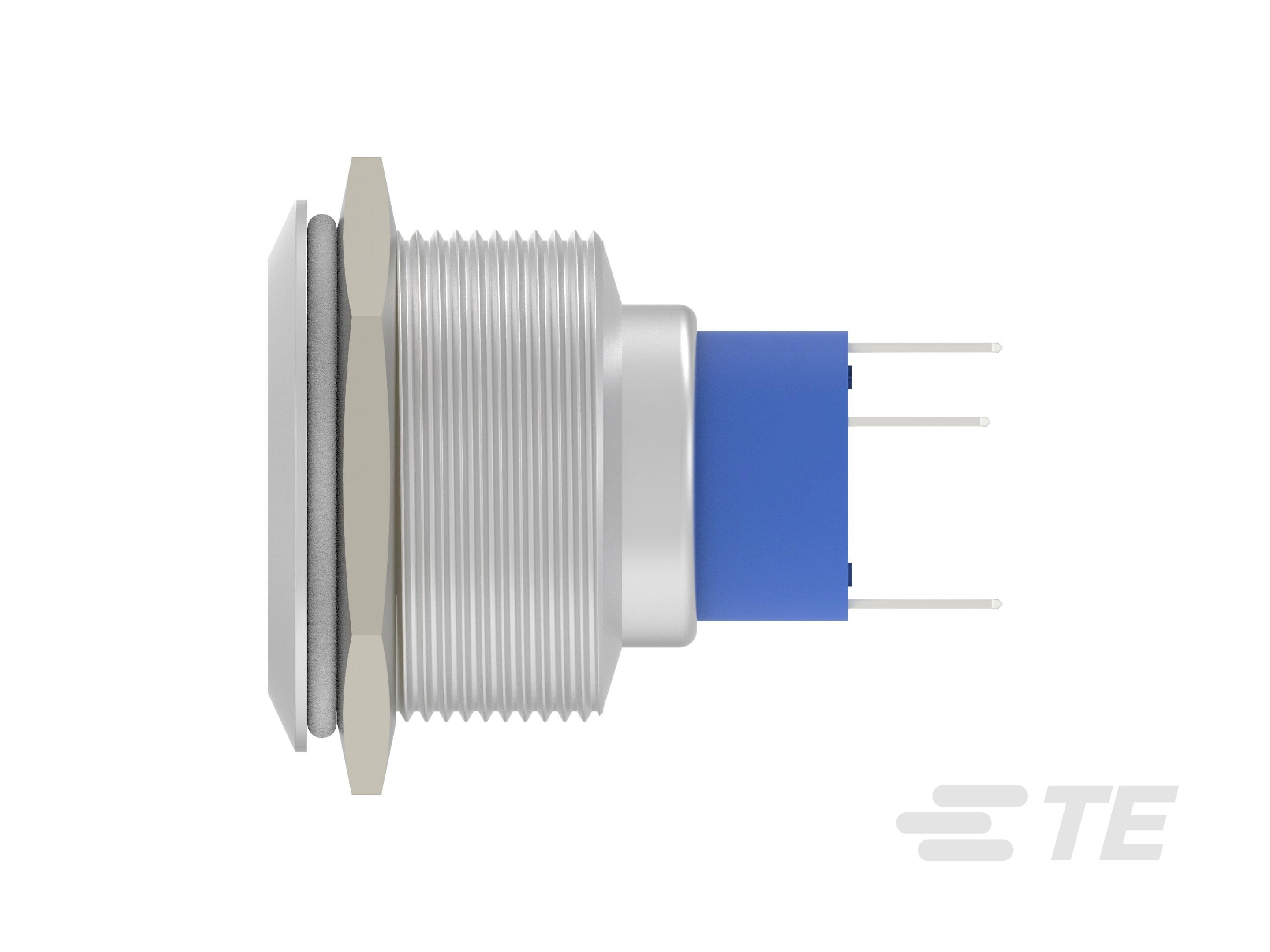 Elektronischer Bauteilstecker in seitlicher Ansicht mit Metallgewinde und drei blauen Kontaktpins. Markenzeichen rechts unten.