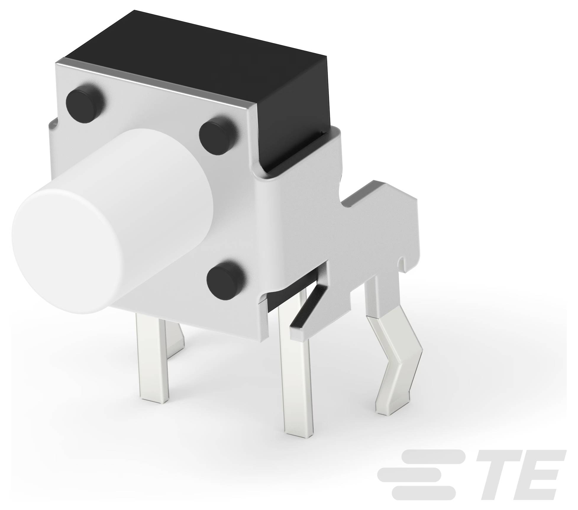 Tastschalter mit weißem Betätigungselement, vier Metallstiften und schwarzem Oberteil, entwickelt für elektronische Geräte. Logo unten rechts.