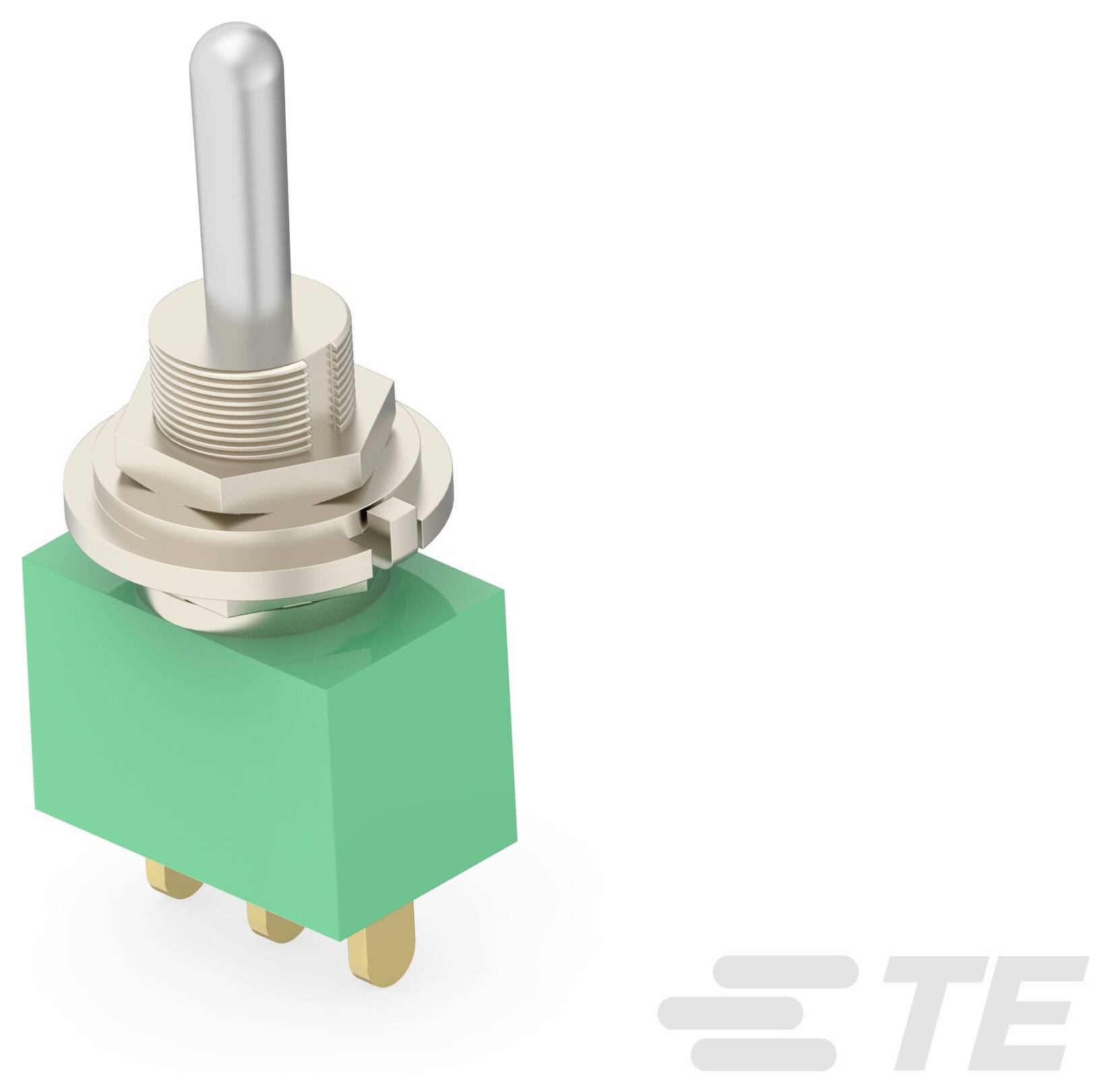 Ein 3-Positions-Kippschalter mit grüner Basis und silbernem Hebel, entwickelt für elektronische Geräte. TE-Logo in der unteren rechten Ecke.