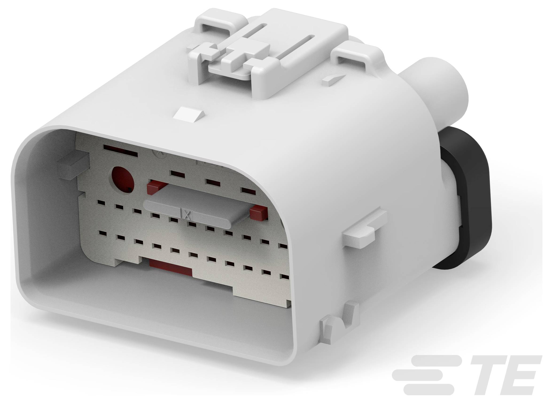 Ein weißer TE-Stecker mit rechteckiger Form, mit mehreren kleinen Schlitzen und einer schwarzen Dichtung am Ende, wird für elektrische Zwecke verwendet.