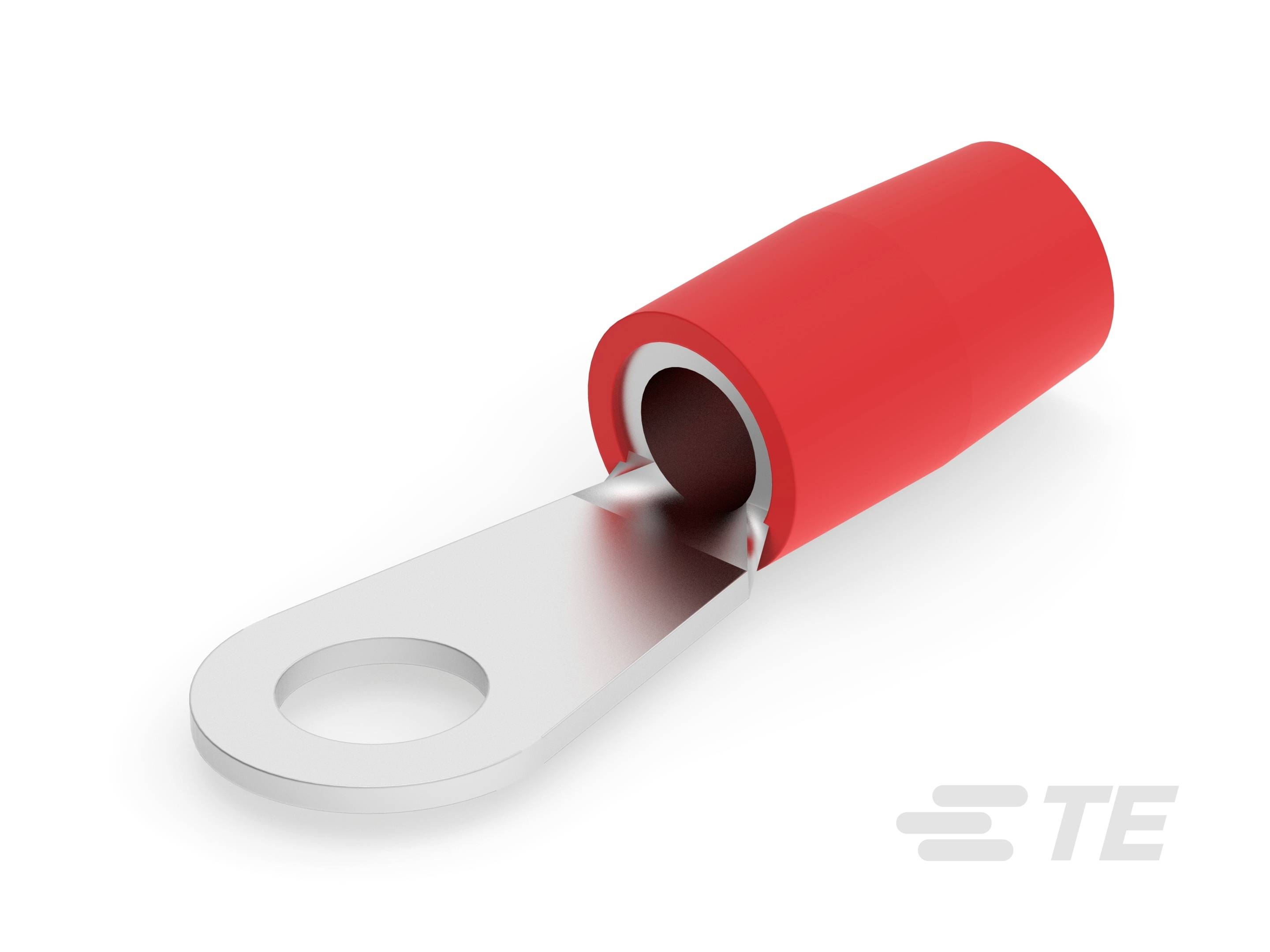Ein roter Ringkabelschuh mit Metallöse zur Verbindung von elektrischen Kabeln.