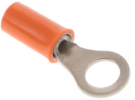 Ein orangefarbener isolierter Ringkabelschuh mit einer Metallschlaufe zum Abisolieren von Drähten und zum Anschließen an eine Schraube oder einen Bolzen.