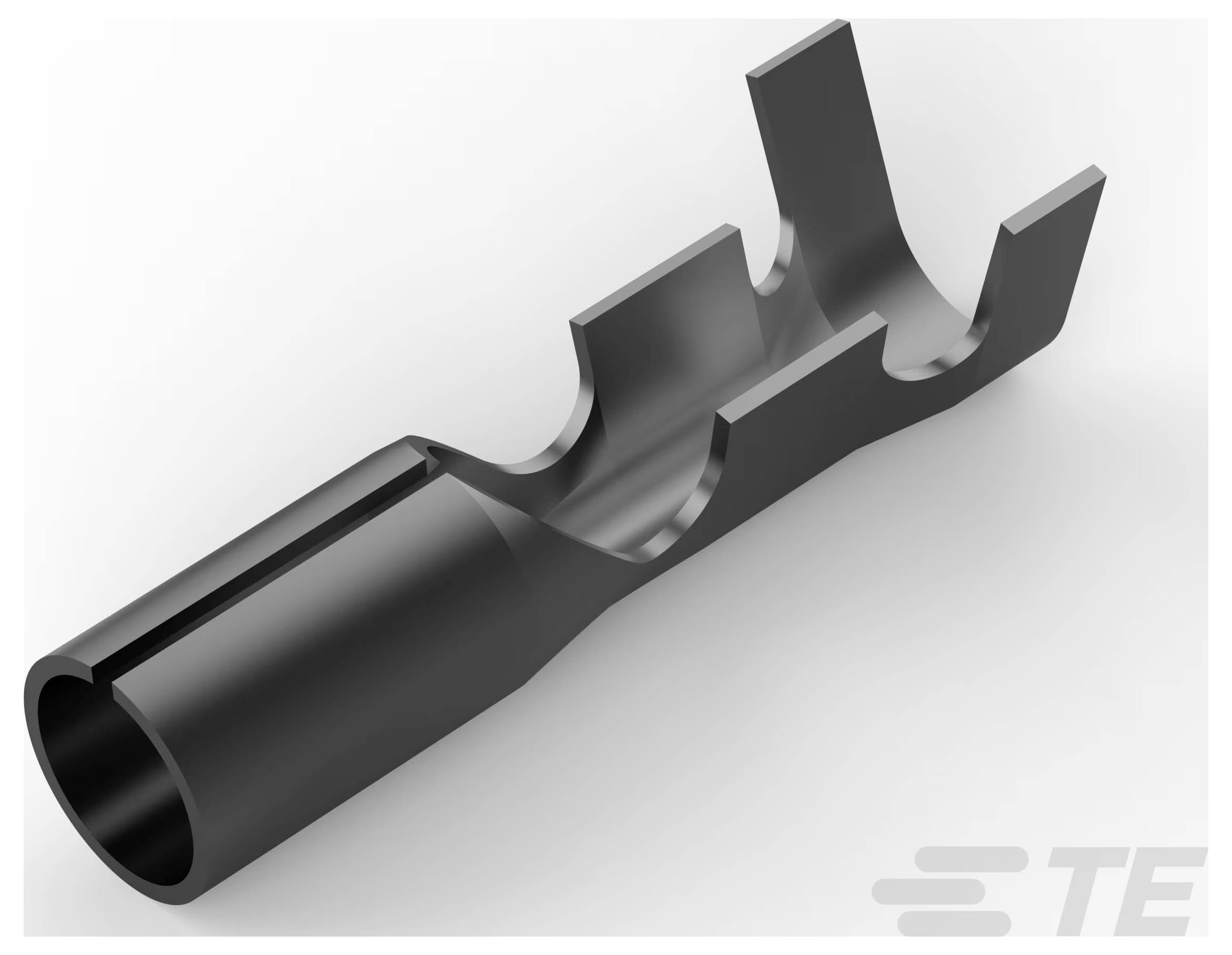 Ein metallischer elektrischer Stecker mit zylindrischer Basis und gegabeltem Ende, verwendet für Verdrahtungsanwendungen. Logo „TE