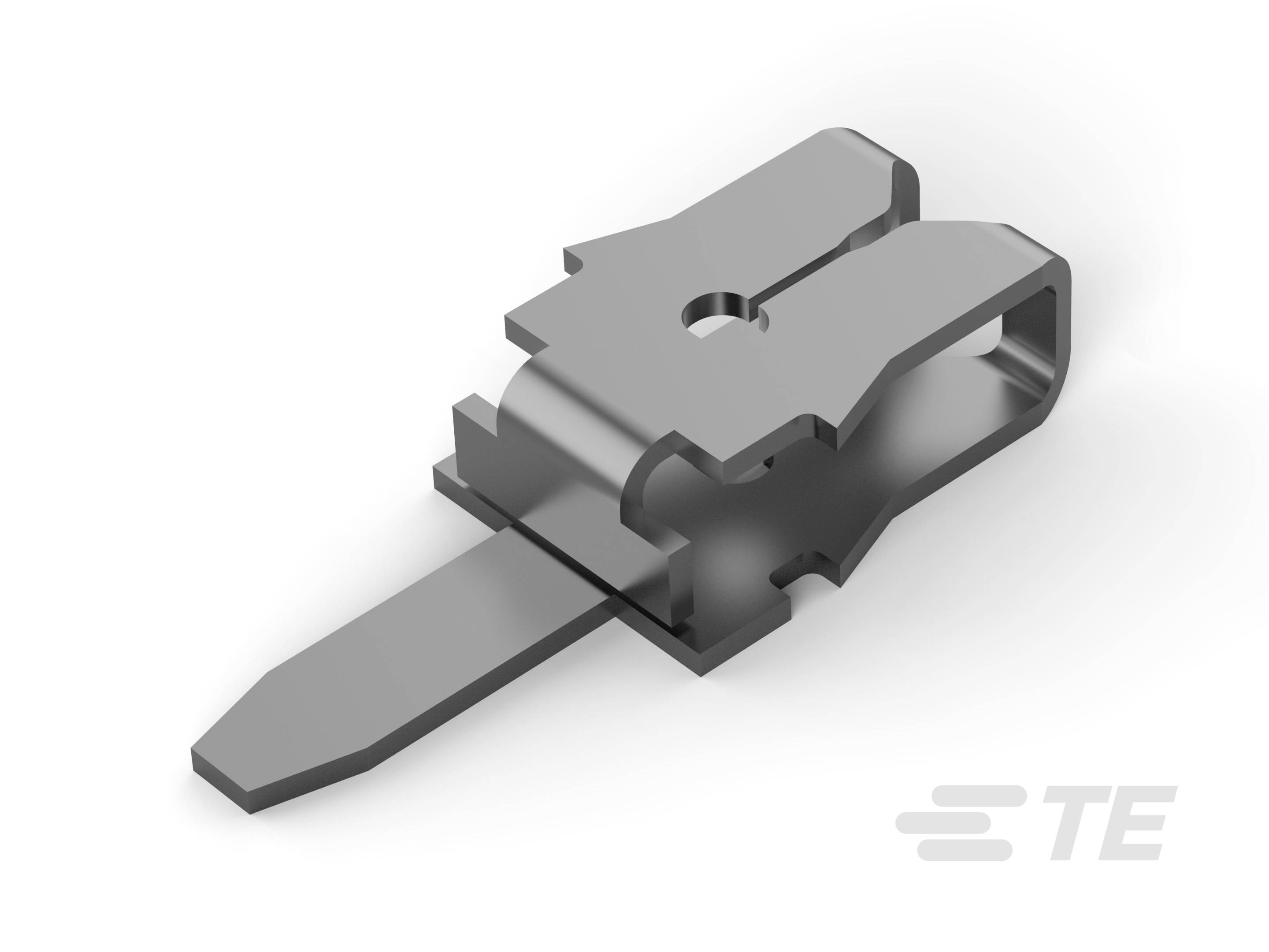 Das Bild zeigt einen grauen Metallsteckverbinder mit flachem Anschluss zur elektrischen Verbindung, isoliert vor weißem Hintergrund.