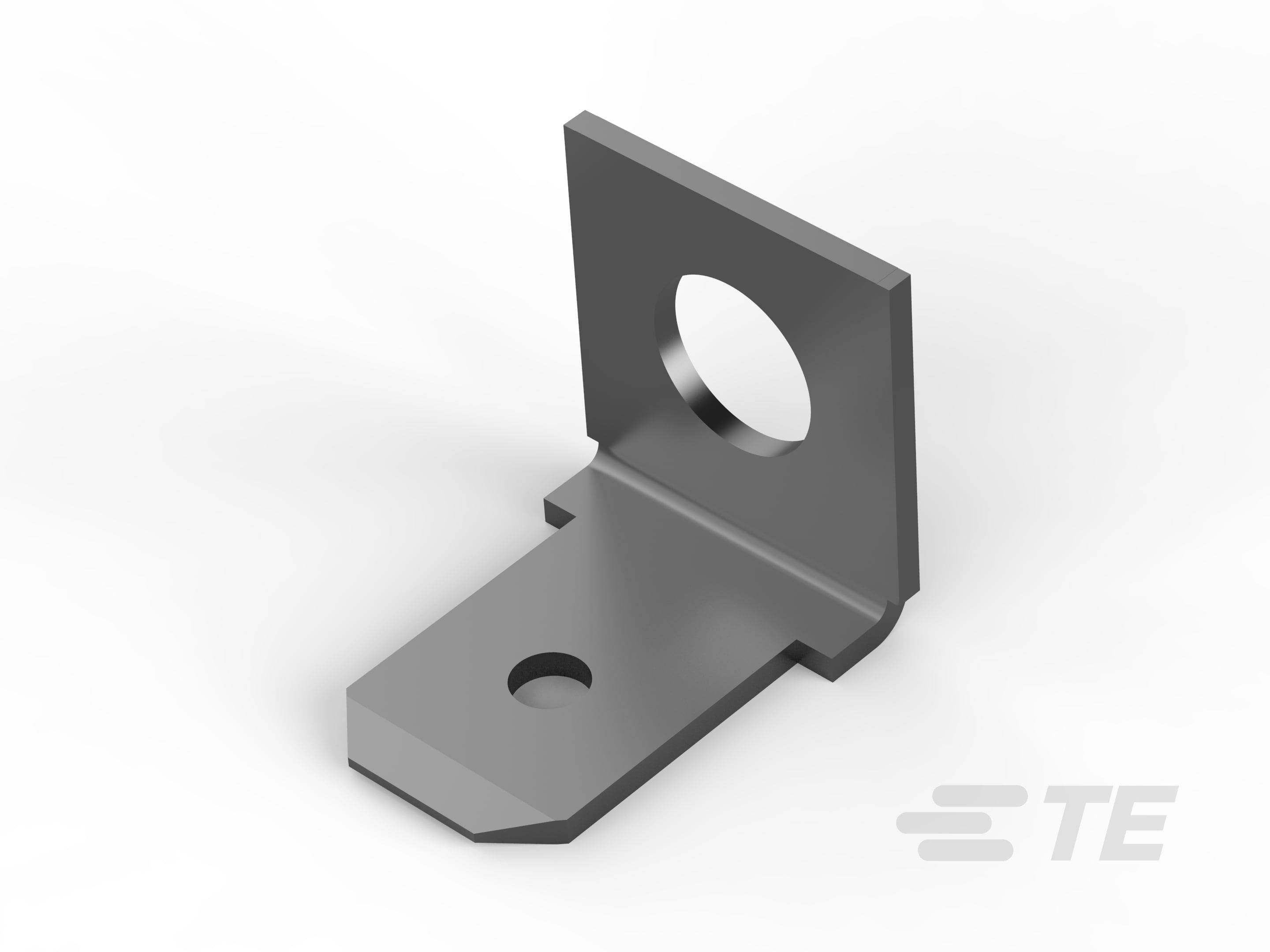 Graues Metallwinkelstück mit zwei Löchern, vermutlich für Montagelösungen. Links das Logo 'TE', was auf den Hersteller hinweist.