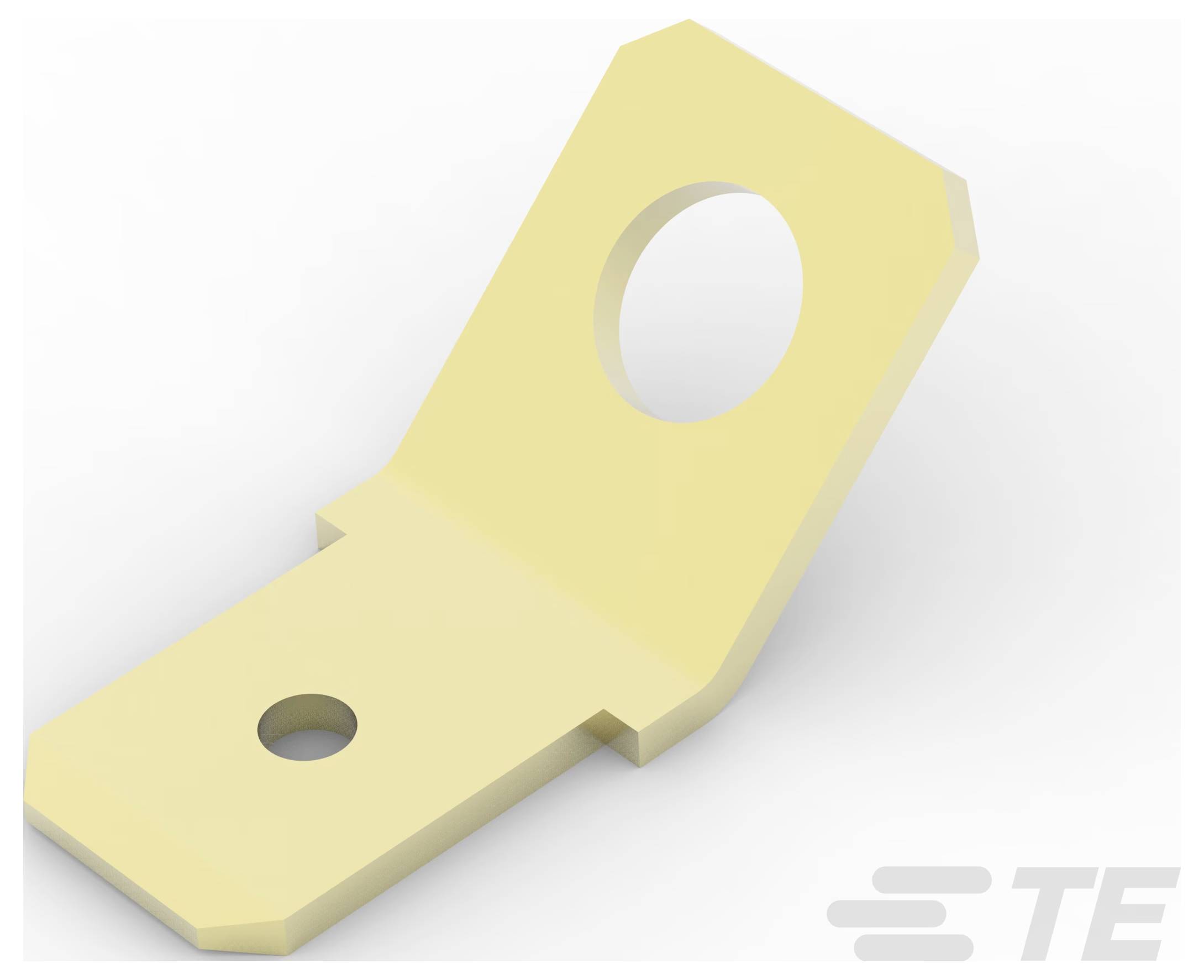 Eine 3D-Darstellung einer beigen Metallösenleiste mit zwei Löchern für elektrische Anschlüsse. Das Logo 