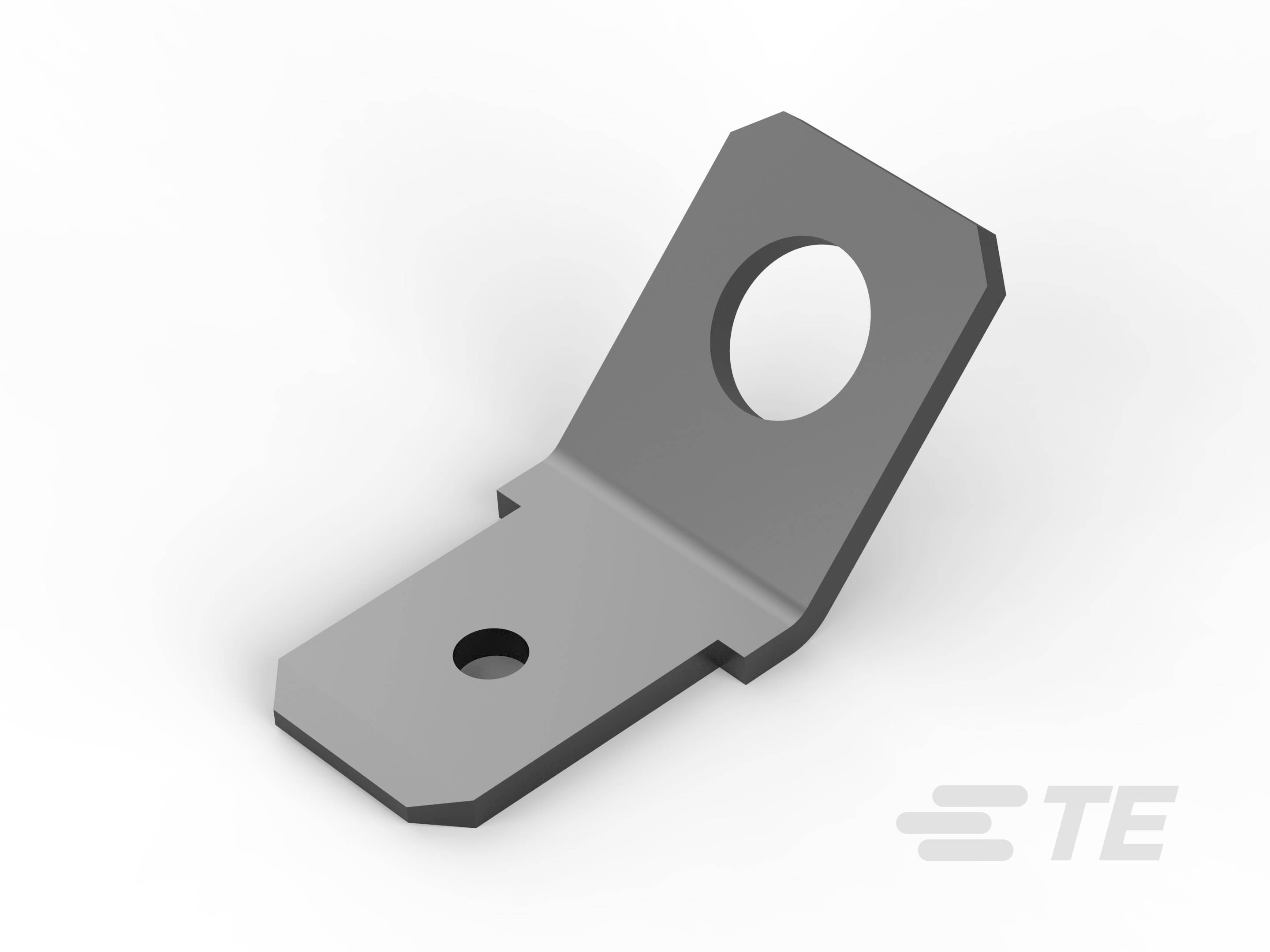 Ein L-förmiges Metallteil mit zwei Löchern unterschiedlicher Größe, verwendet zur Befestigung in technischen Anwendungen.