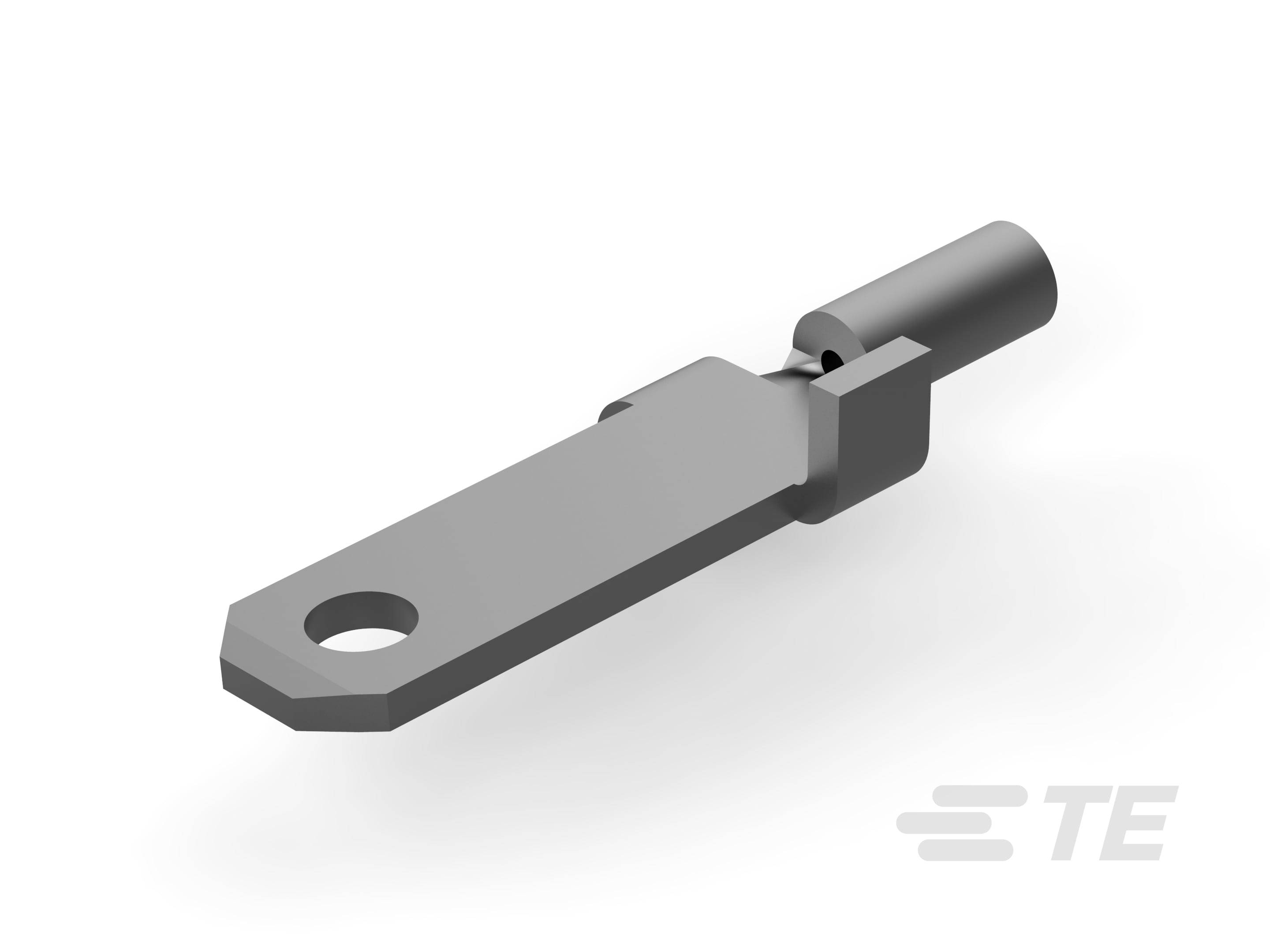 Metallischer elektrischer Anschlussklemmenstecker in grauer Farbe, mit einem Loch an einem Ende und einem zylindrischen Anschluss am anderen.