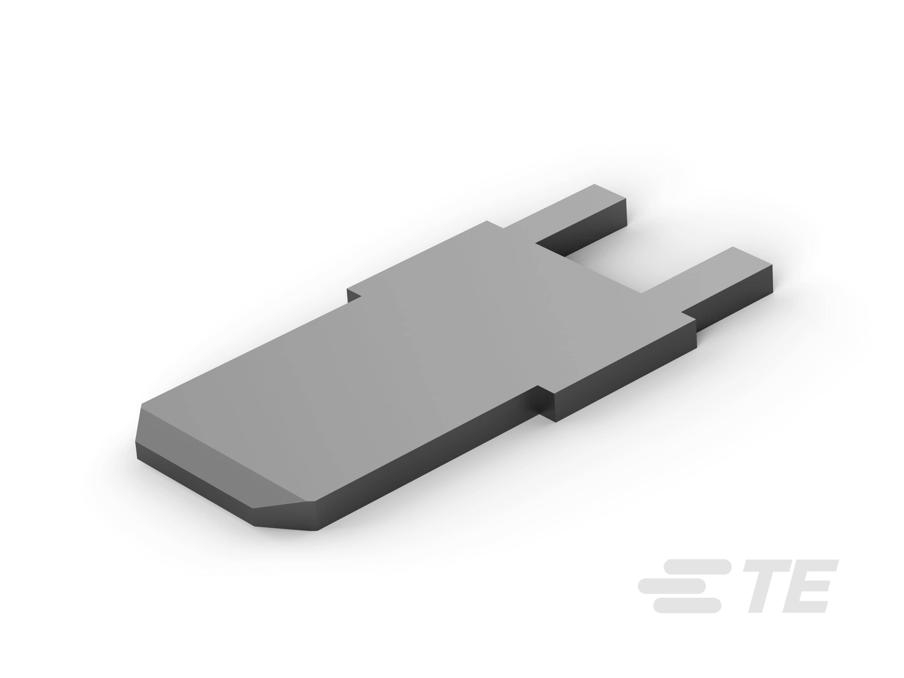 Ein rechteckiger, grauer Metallstecker mit zwei parallelen, verlängerten Enden, auf einem weißen Hintergrund.