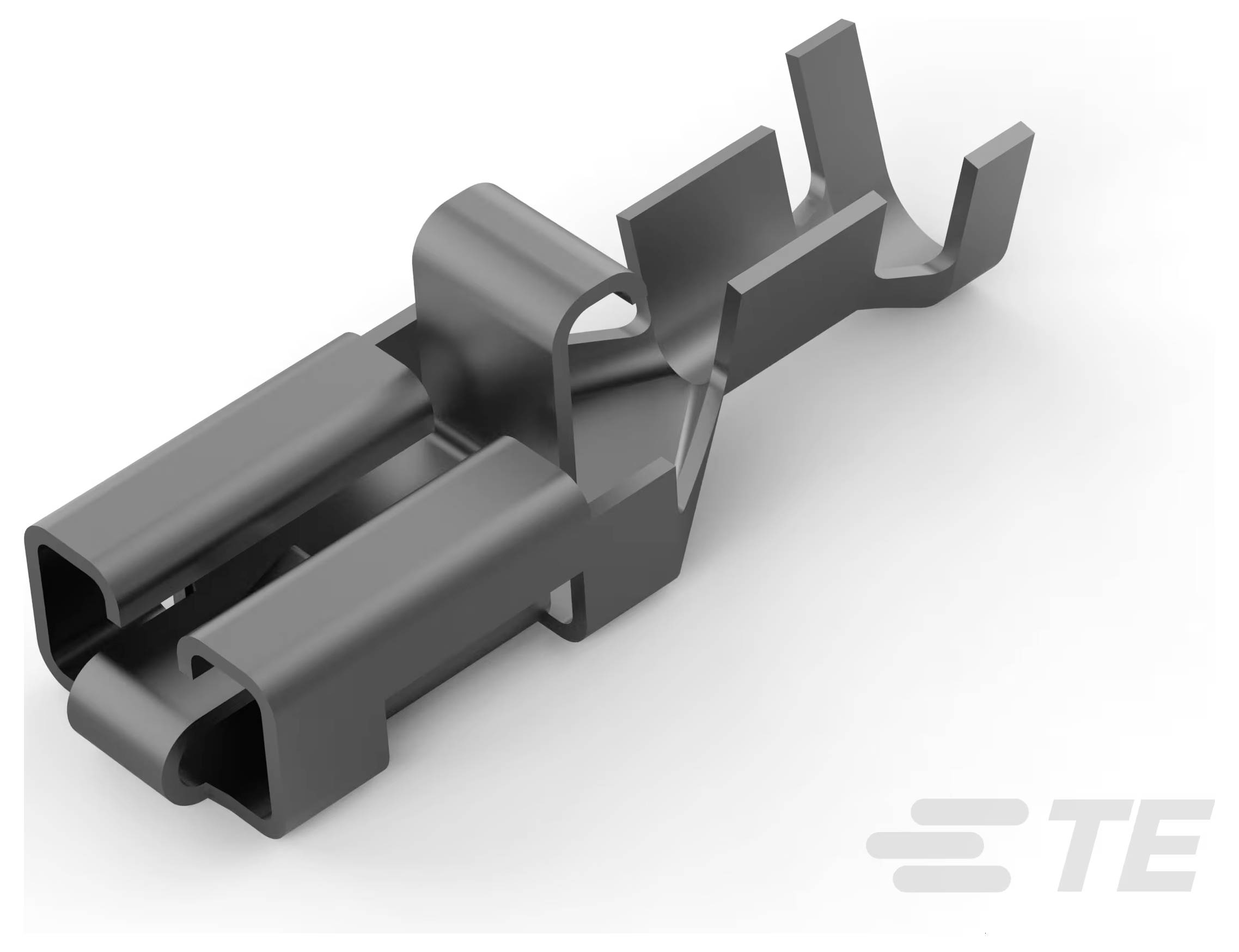 Eine 3D-Darstellung eines metallischen elektrischen Steckers mit zwei parallelen Buchsen und einer Befestigungsklammer für sichere Befestigung, mit dem TE-Logo in der Ecke.