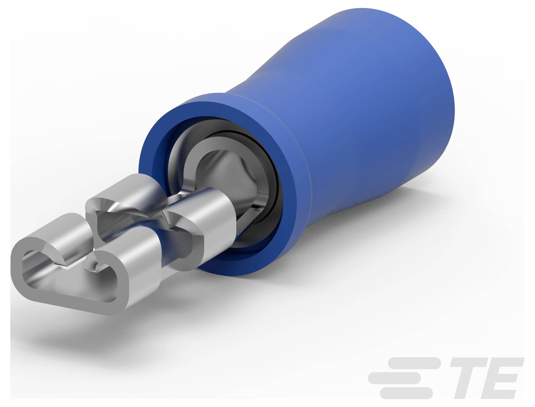 Illustration eines blauen isolierten Elektroklemmanschlusses mit einem Metallstecker im Inneren, der eine Komponente von TE Connectivity darstellt.