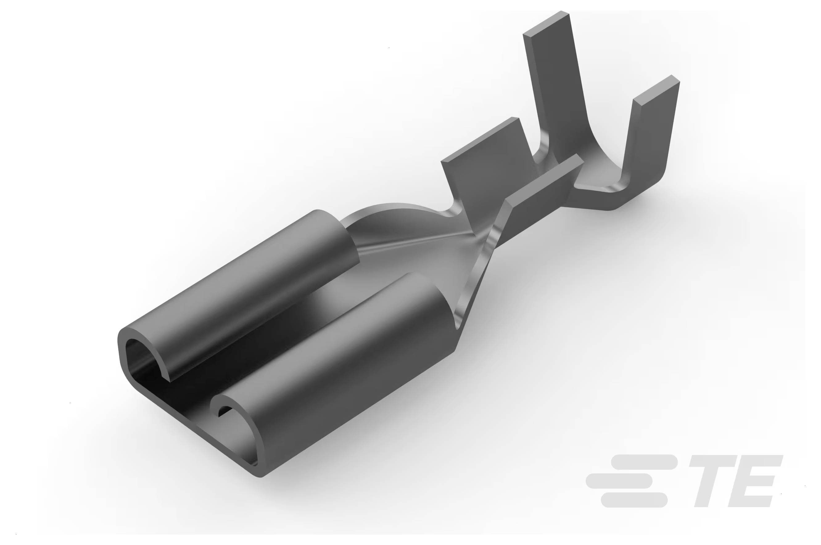 Ein hochdetailliertes, 3D-gerenderten Bild eines elektrischen Steckklemmen-Terminals, das seine metallische Struktur und sein Doppelspitzen-Design zeigt, mit einem TE-Logo.