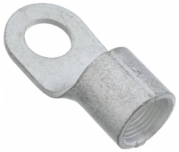 Ein Metallkabelschuh mit einer kreisförmigen Öffnung zum Verschrauben und einem hohlen zylindrischen Ende zum Anschluss eines elektrischen Kabels.
