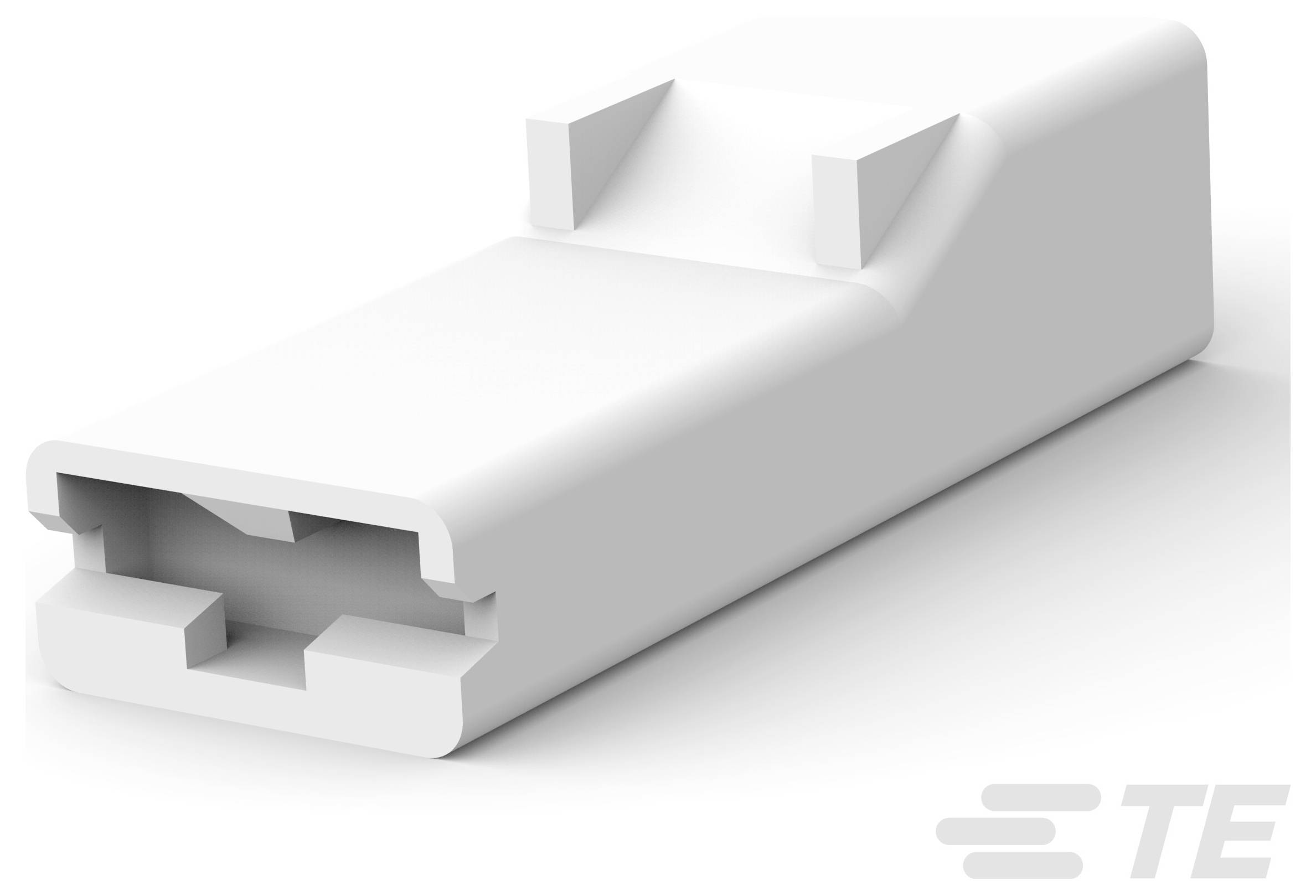 3D-Darstellung eines grauen elektronischen Steckerkomponente mit vier Stiften, mit TE-Branding in der Ecke.