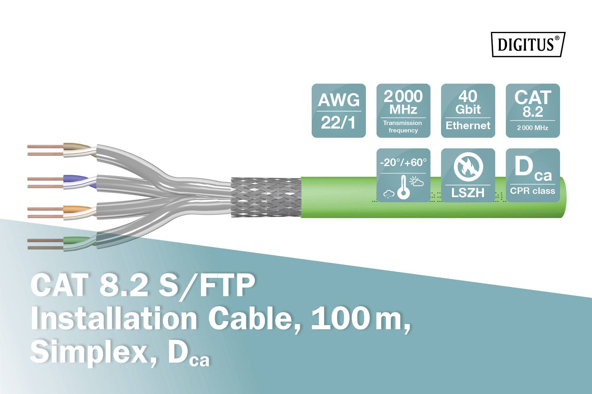Digitus DK-1843-VH-1 Netzwerkkabel CAT 8.1 S/FTP 4 x 2 x 0.32mm² Grün 100m